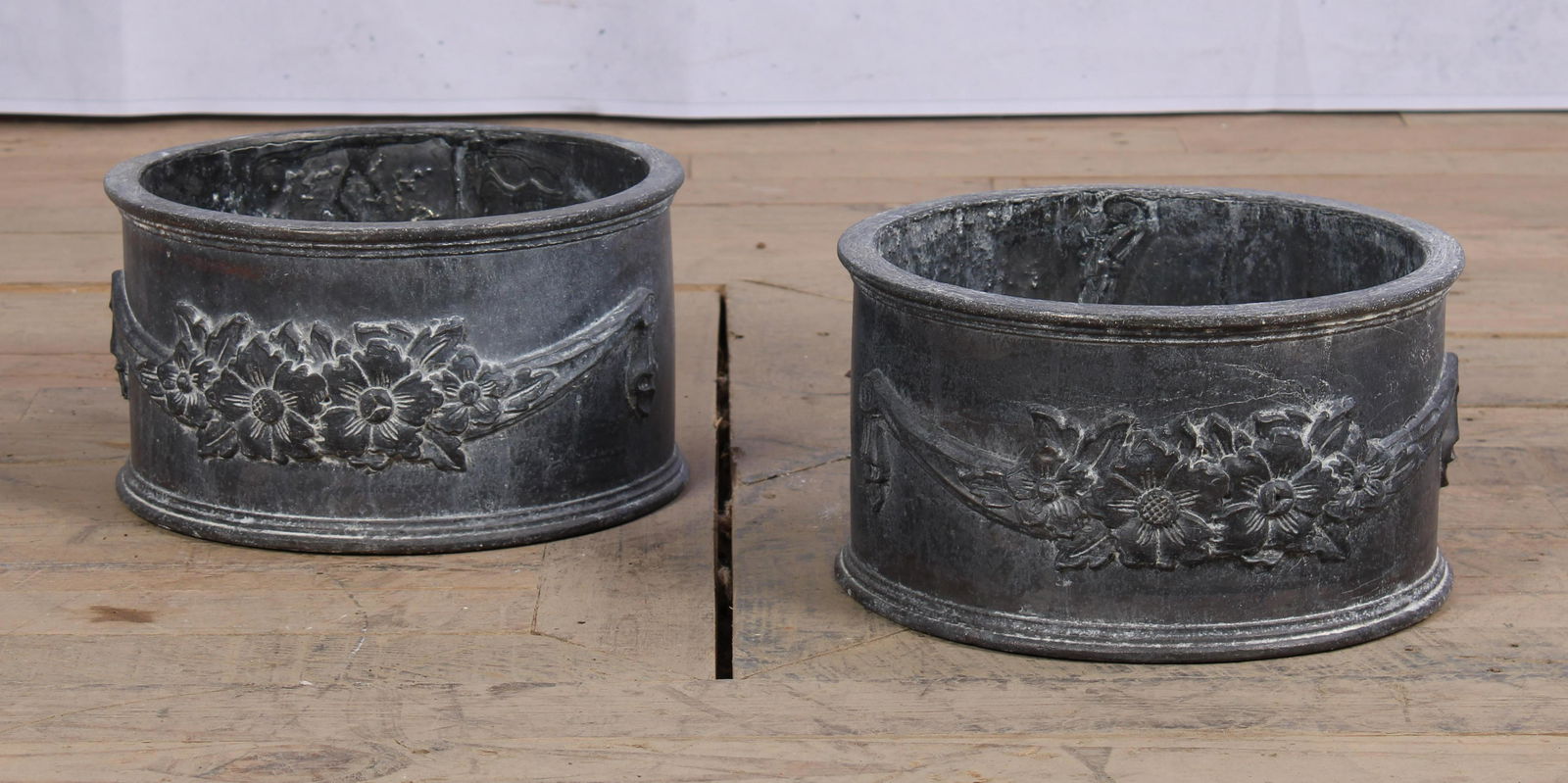 Pair English Lead Drum Form Planters (1 of 5)