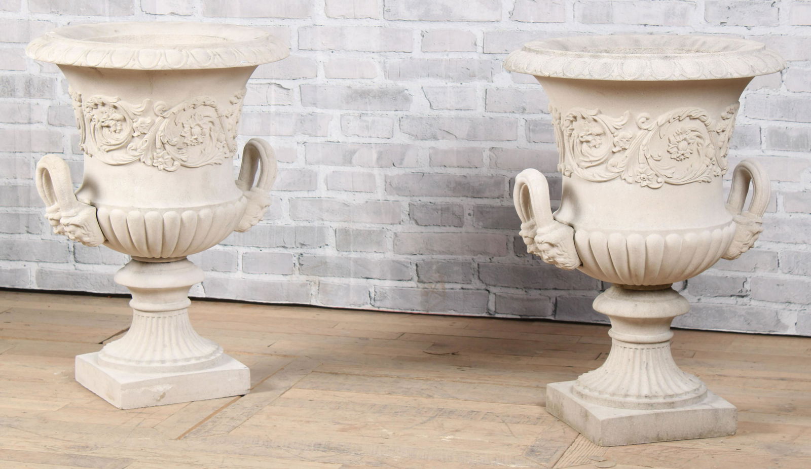 Pair Cast Limestone Twin Handled Urns (1 of 8)