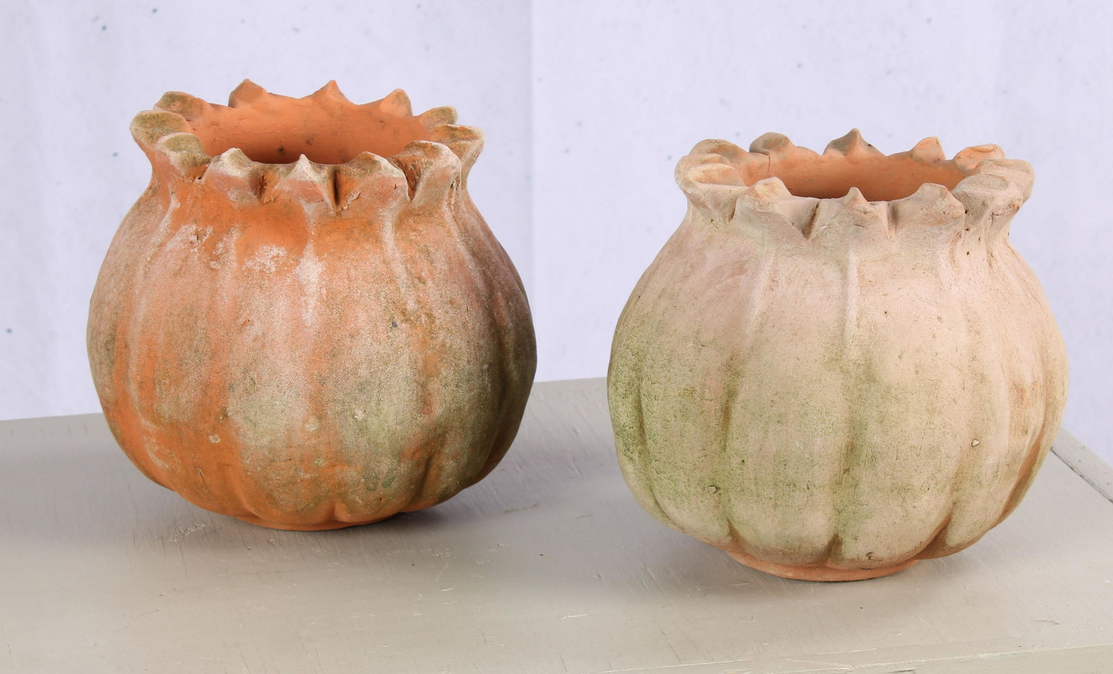 Pair of Terracotta Poppy Bud Form Planters: Pair of Terracotta Poppy Bud Form Planters. Approx. H 8.5" x 8.5" Dia.