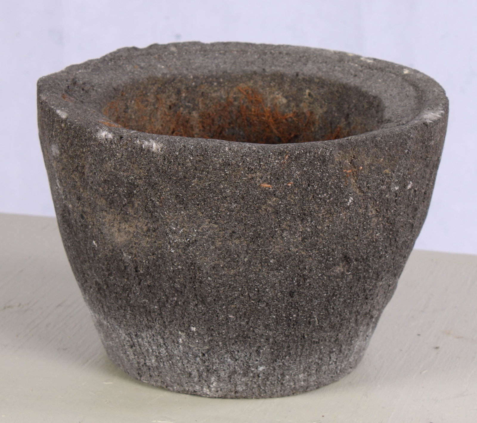 Basalt Crucible Form Planter: Basalt Crucible Form Planter. Probably once a mortar. Approx. H 7" x 10" Dia.