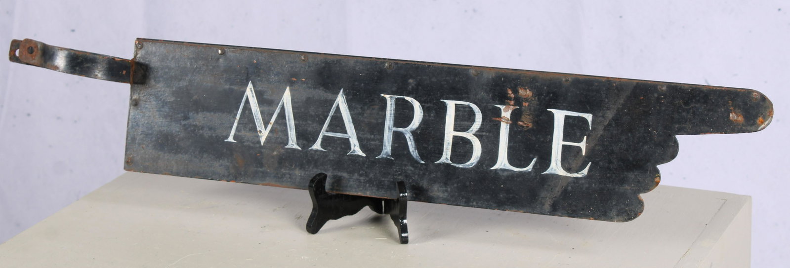 Painted Iron Trade Sign Indicating Marble Site: A wrought iron marble sign. Double sided. Size: 5"H x 29"W