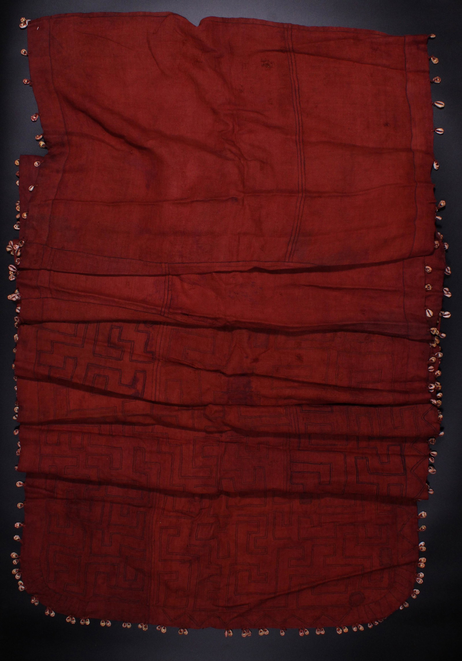 Very Fine Dyed Kuba Cloth, Ceremonial Skirt: Africa, Zaire, Kuba, Dyed and appliqued ceremonial skirt. Size: approximately 192"L x 33"W
