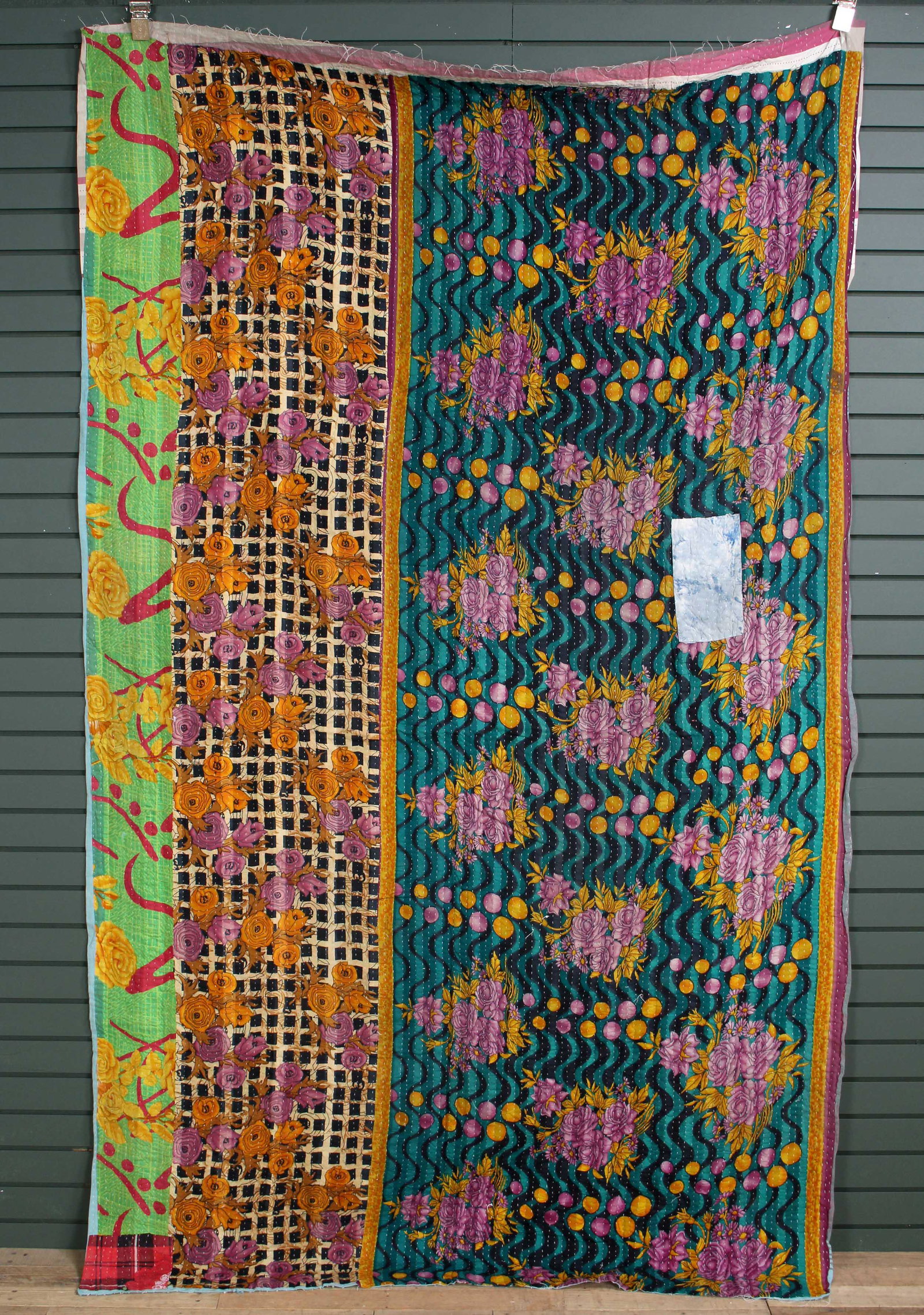 Rajasthani Kantha Quilt, Throw, Blanket Green/Purp: Rajasthani Kantha Quilt Throw, Blanket, Wrap. Made from washed and recycled vintage sarees. Cotton. Size: 59"W x 98"H