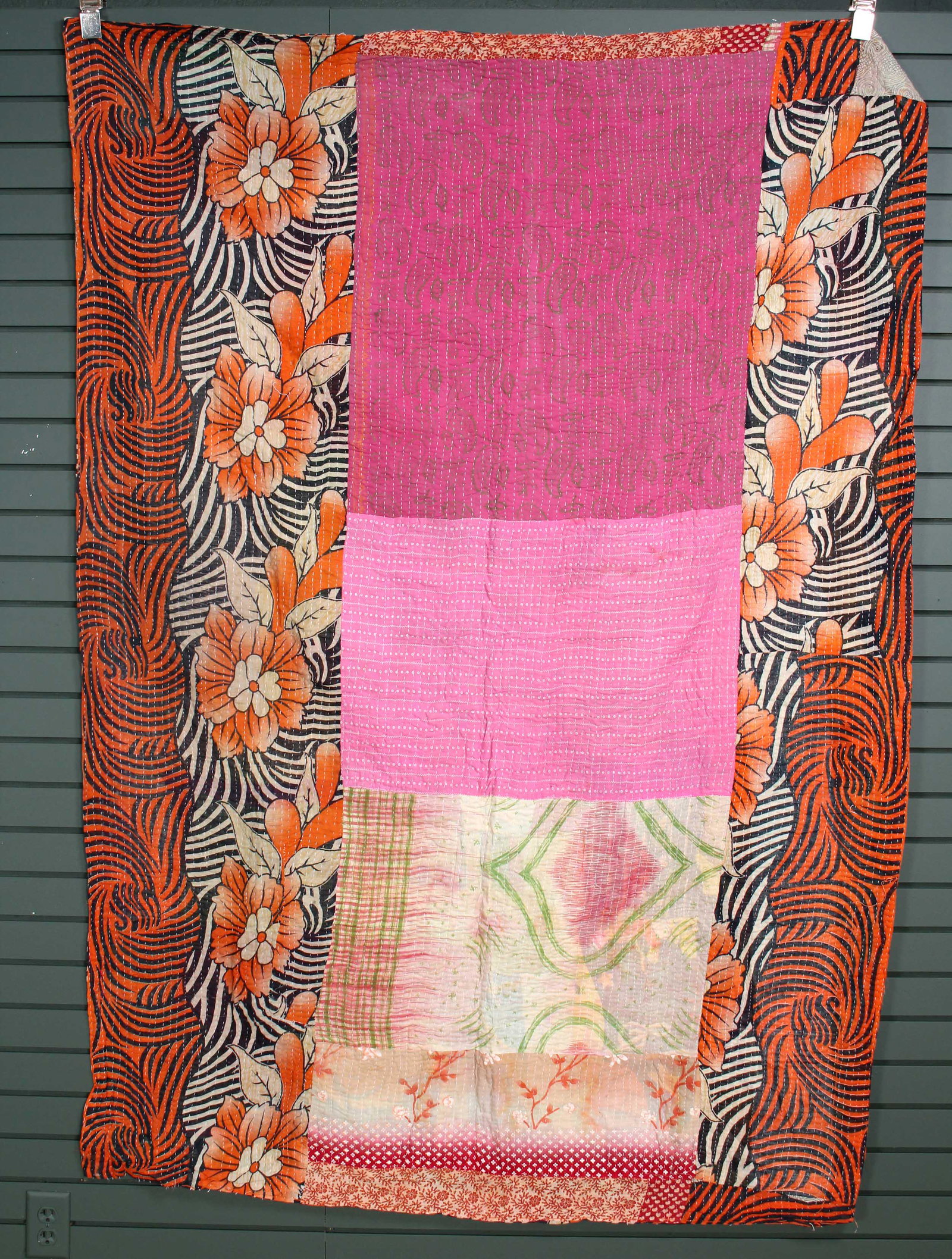 Rajasthani Kantha Quilt, Throw, Blanket Pink/Red: Rajasthani Kantha Quilt Throw, Blanket, Wrap. Made from washed and recycled vintage sarees. Cotton. Size: 55"W x 80"H