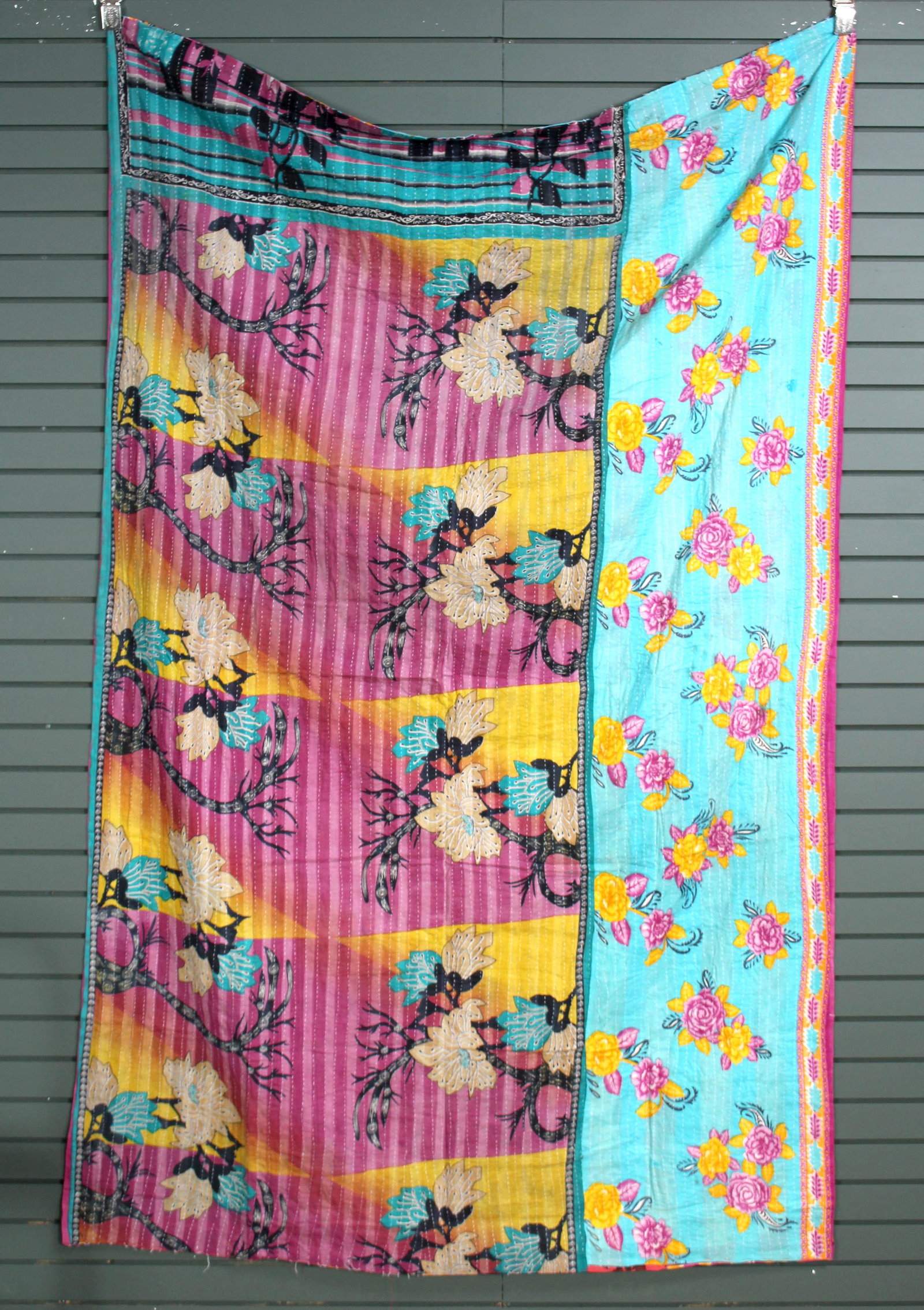 Rajasthani Kantha Quilt, Throw, Blanket Blue/Pink: Rajasthani Kantha Quilt Throw, Blanket, Wrap. Made from washed and recycled vintage sarees. Cotton. Size: 55"W x 89"H