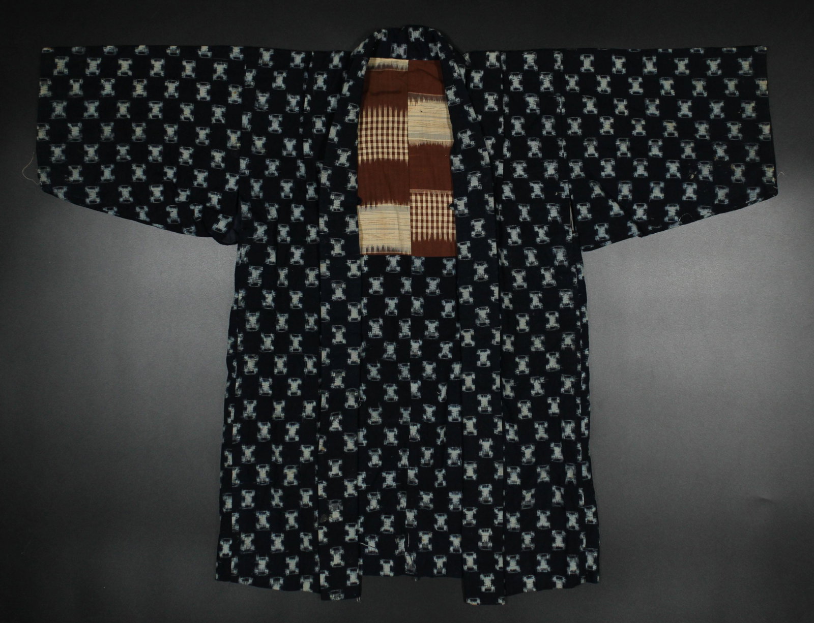 Children's Indigo Kasuri Kimono: Indigo dyed kasuri cotton children's kimono. Measured: L 30" x W 37.5"