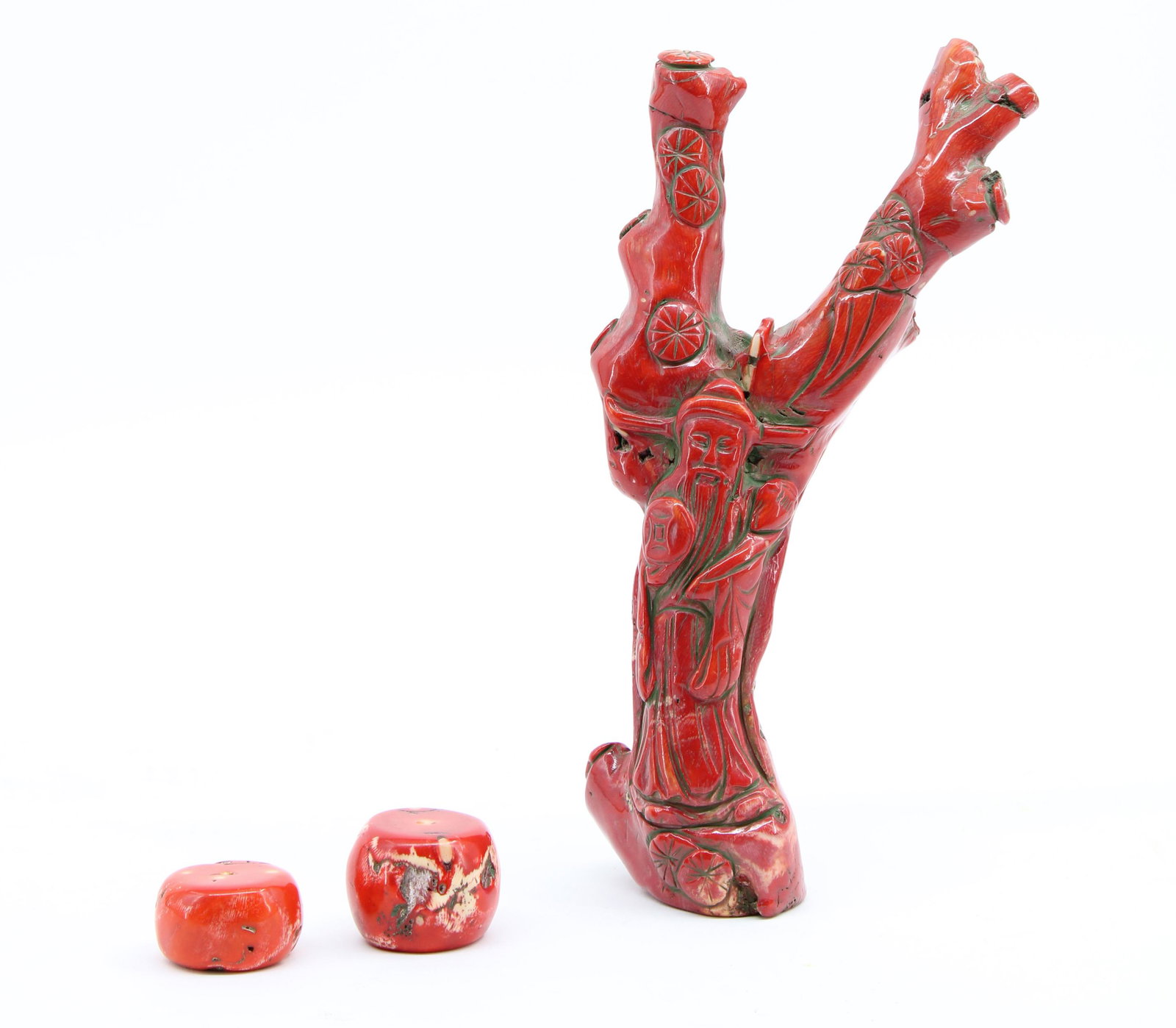 Dyed Coral Figural Quan Yin and Beads: Front and back carved and dyed coral Quan Yin. and two hand carved beads. Measured" H 10" x W 4.5" x D 2.5"
