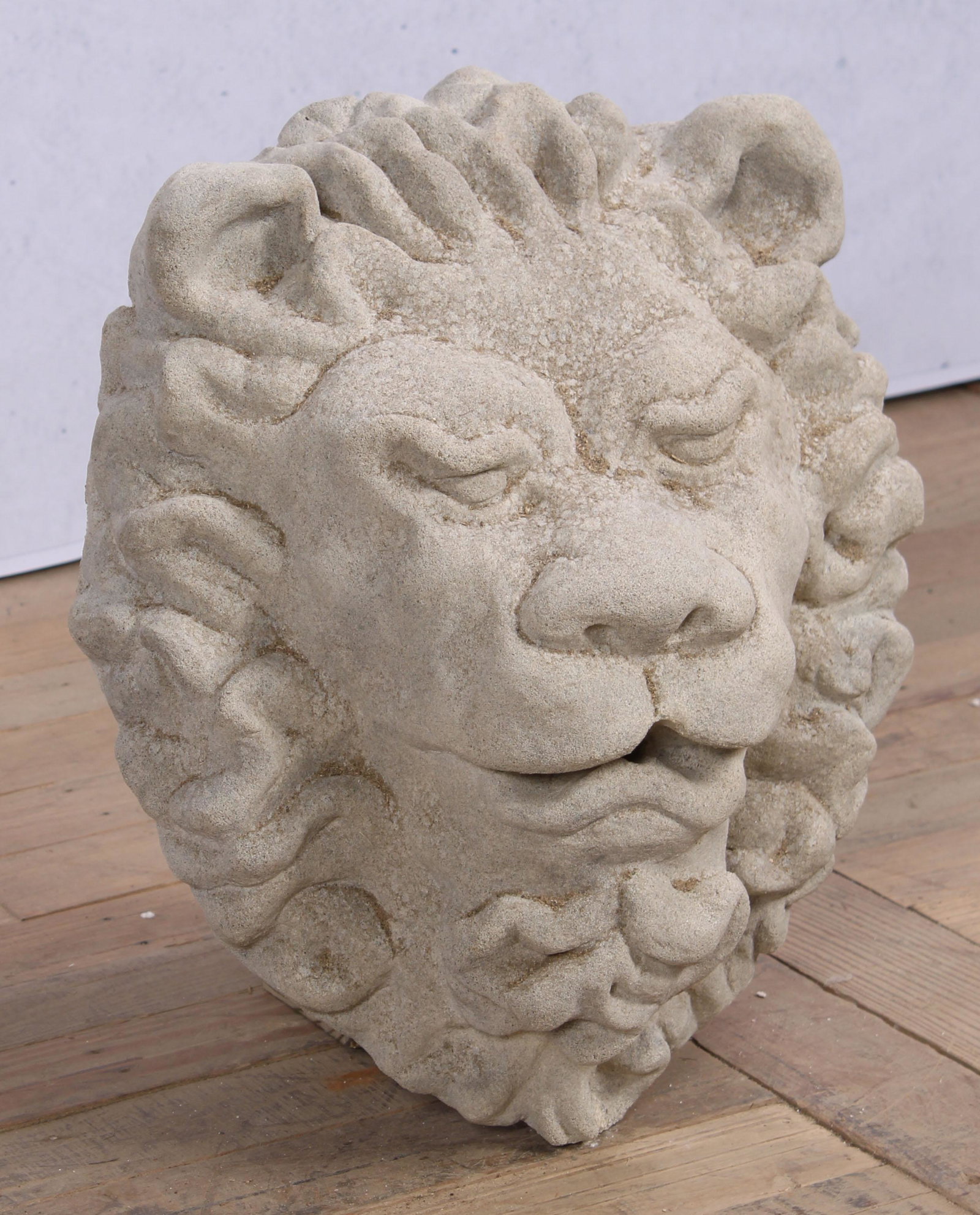 Cast Stone Lion Face Fountain Spout: Cast Stone Lion Face Fountain Spout. Approx: H 16" x W 14" x D 11"