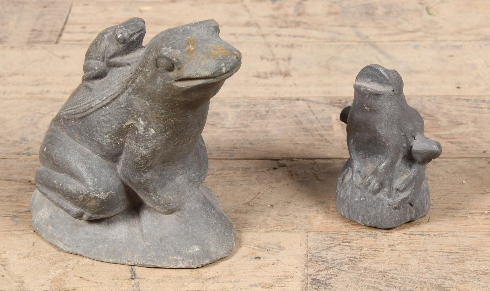 Trio of Lead Frogs: Set of English lead frogs, one on his own and one of a pair. Largest Size H 5.5" x W 5.5" x D 4"