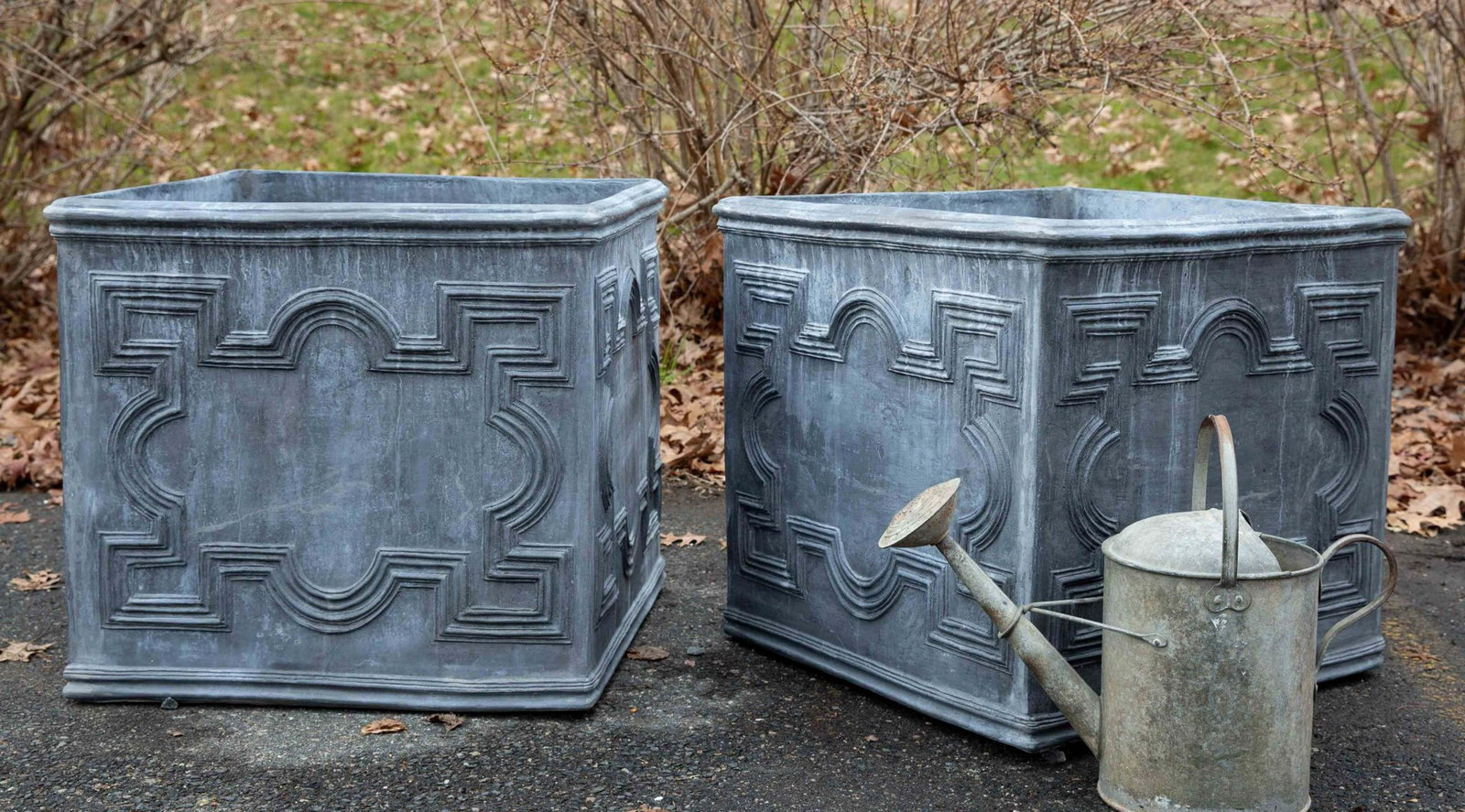 Pair English Strapwork Motif Lead Terrace Planters (1 of 3)