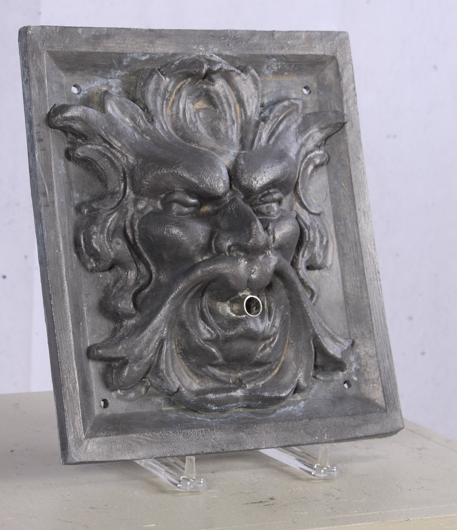 English Lead, Grotesque Fountain Spout: English Lead, Grotesque Fountain Spout. Measured: H 12.5" x W 11" x D 5"