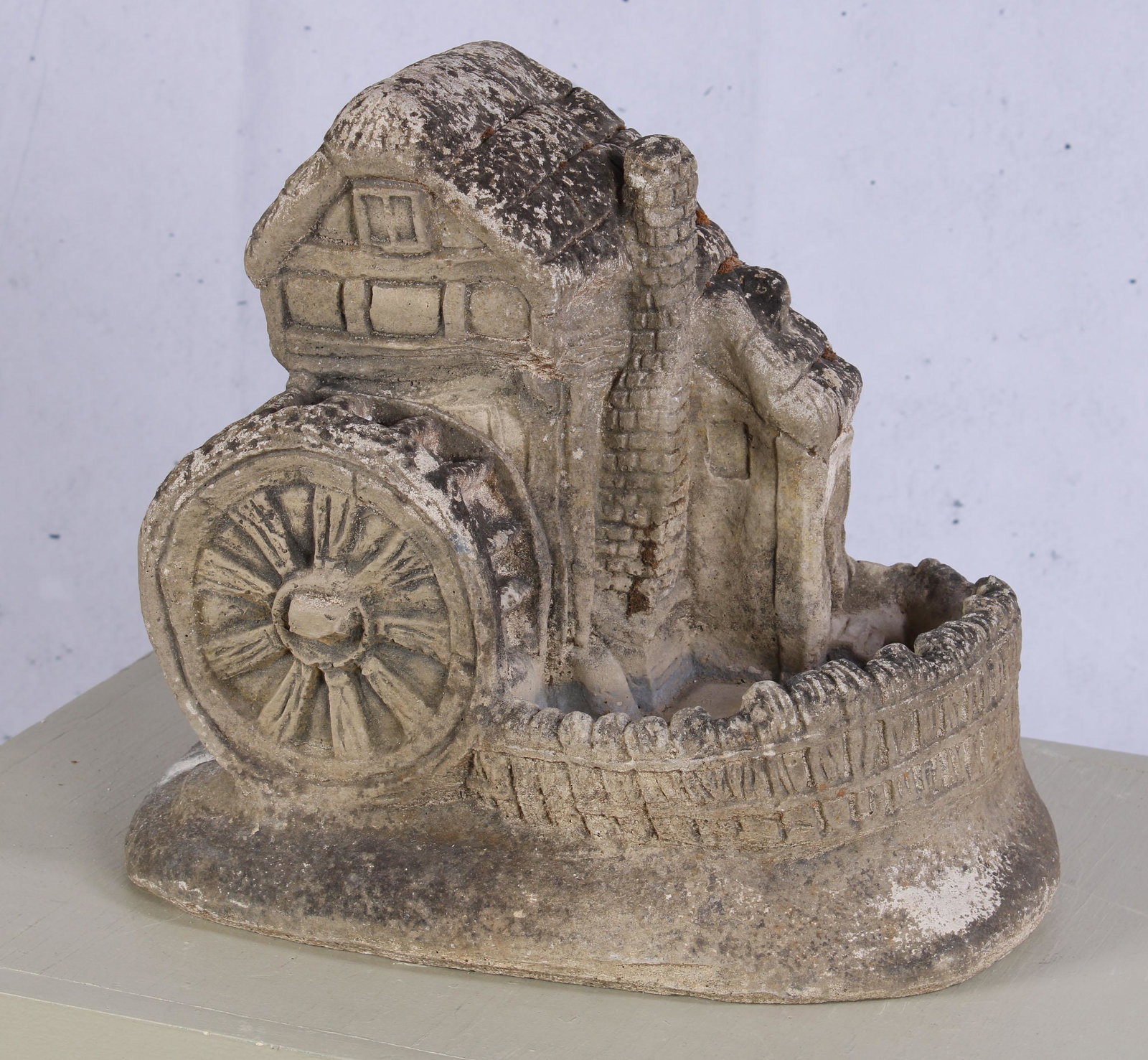 Whimsical Cast Stone Water Mill Bird Bath: Whimsical Cast Stone Water Mill Bird Bath. Approx: H 14" x W 18" x D 12"