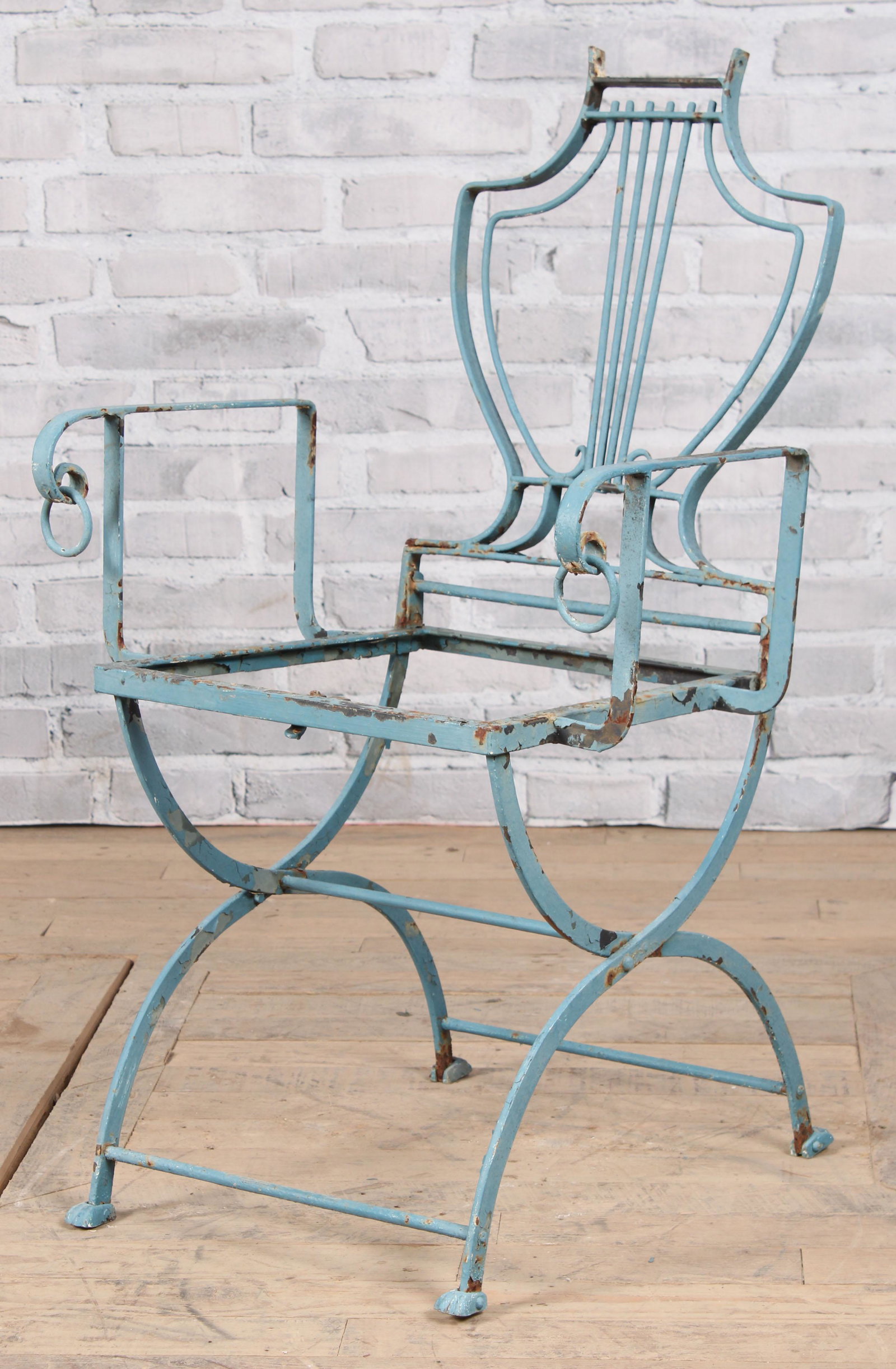 Vintage Wroight Iron, Adam Style Folding Chair: Adam style folding chair in teal with sheild back. Size: 35" H x 21" W x 21" D