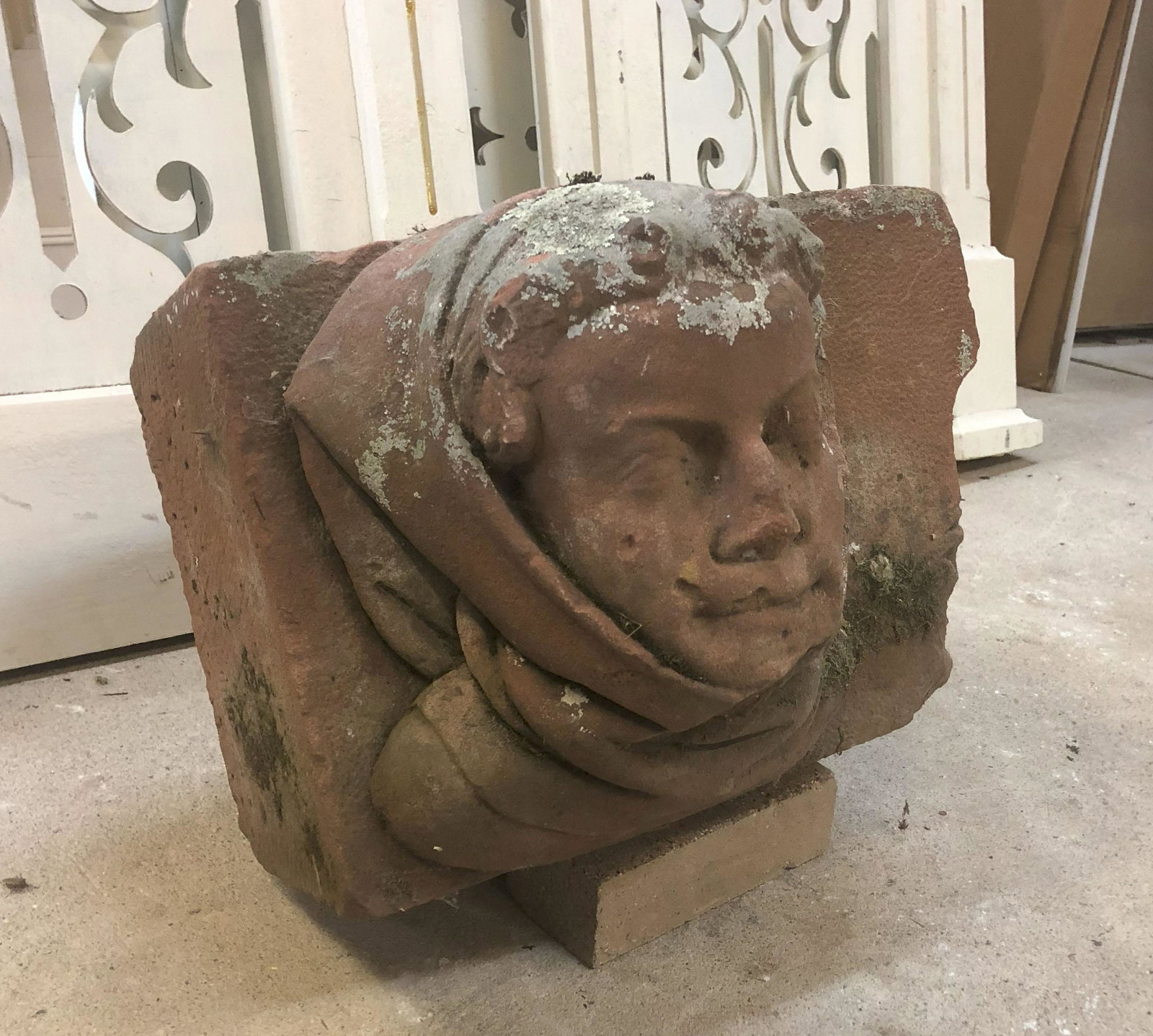 Figural Carved Brownstone Corbel: Figural Carved Brownstone Corbel. Reminiscent of a Florentine scholar. Size: 12" H X 17" W x 18" D
