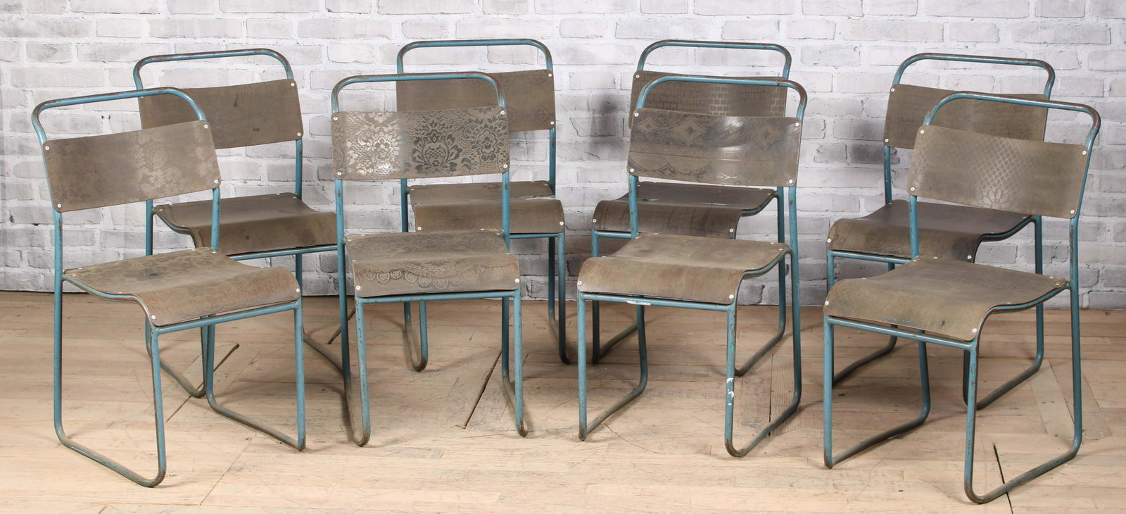 8 Prouve Style Steel and Printed Masonite Chairs: 8 Prouve Style Steel and Printed Masonite Chairs. Measured: H 33" x W 18" x D 23"