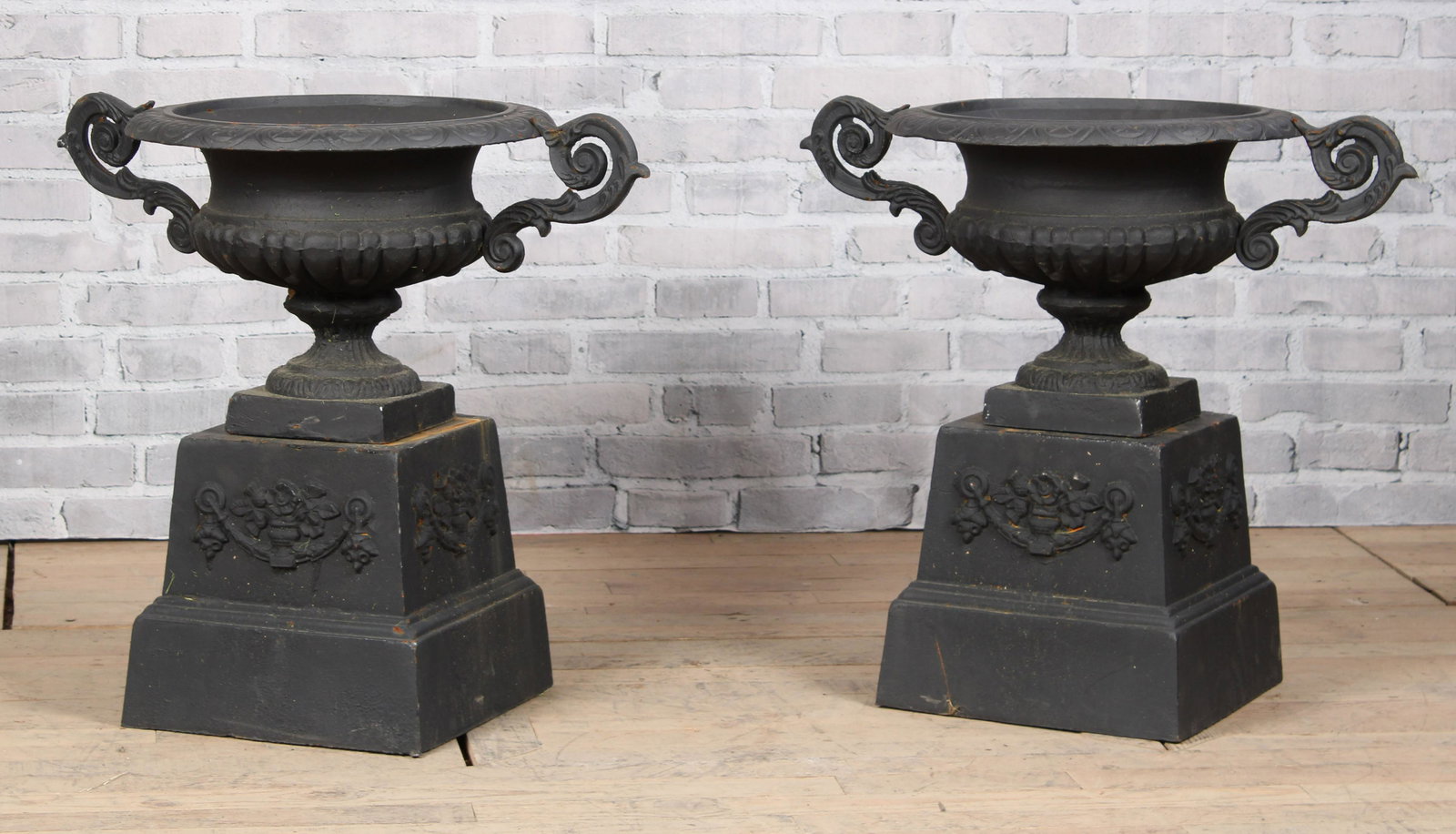 Pair Cast Iron Twin Handled Urns on Bases (1 of 6)