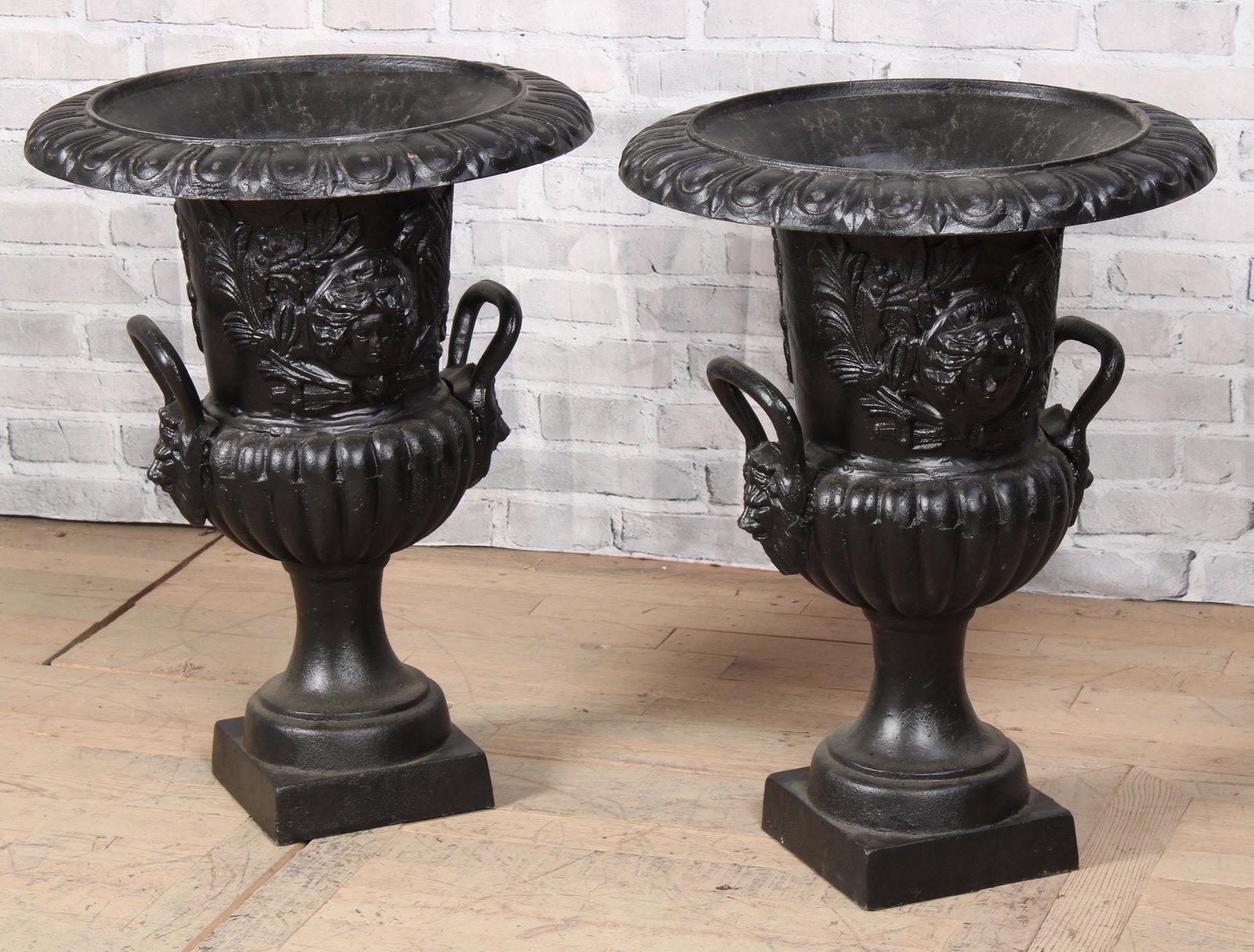 Pair Cast Iron Medusa Mask Handle Urns (1 of 5)