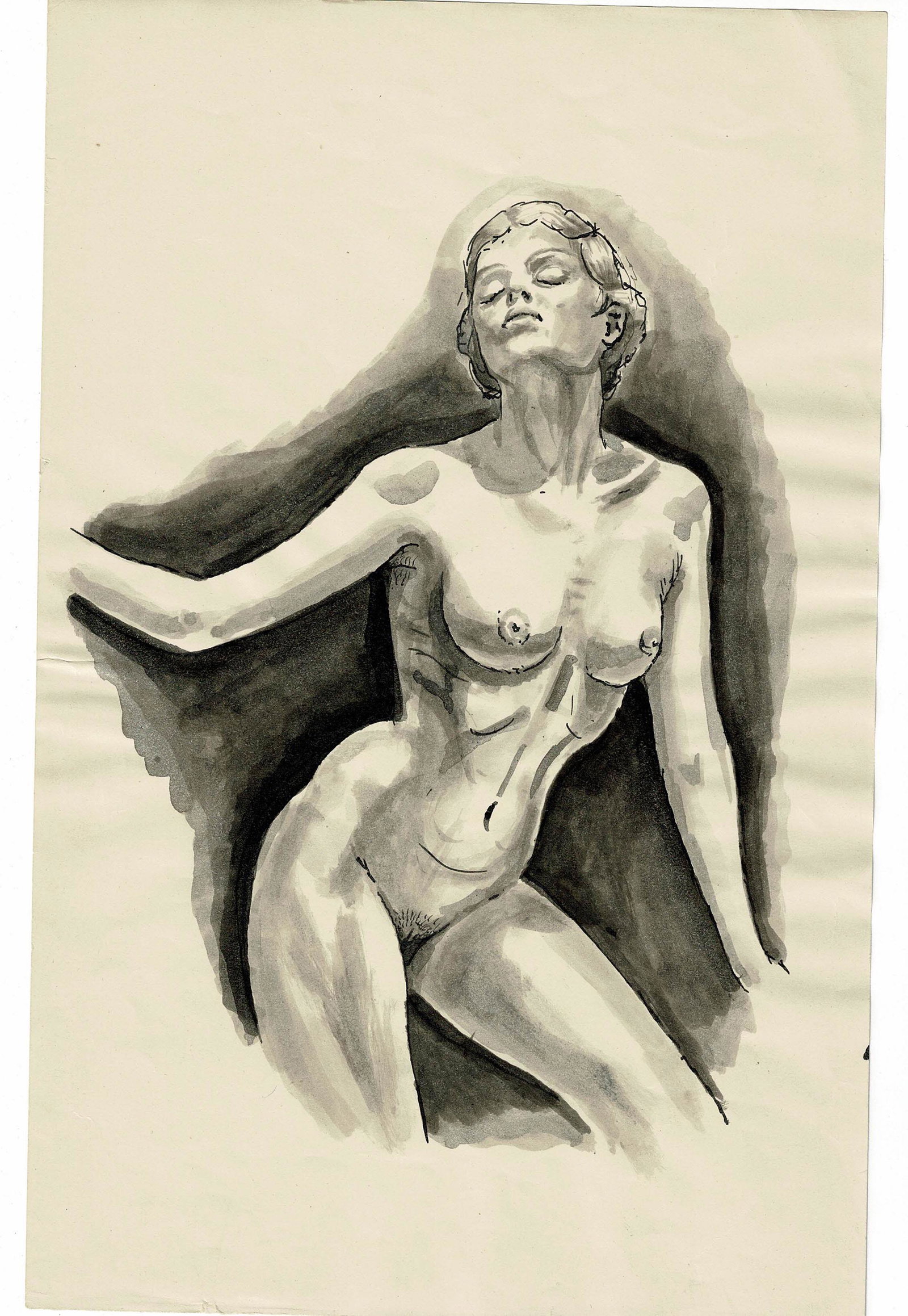 Art Brut Figural Nude Drawing: Art Brut German Expressionism Style Drawing. Size: 11" x 7"