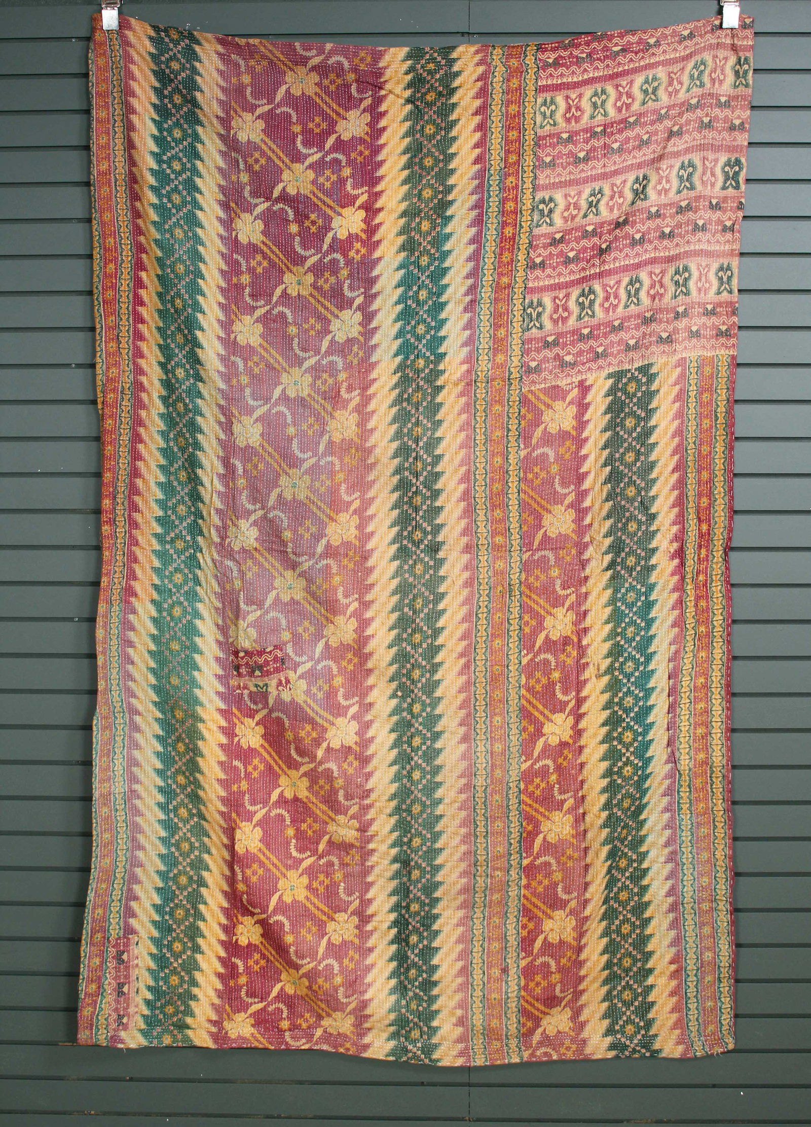 Rajasthani Kantha Quilt, Throw, Blanket Green/Red: Rajasthani Kantha Quilt Throw, Blanket, Wrap. Made from washed and recycled vintage sarees. Cotton. Size: 53"W x 85"H