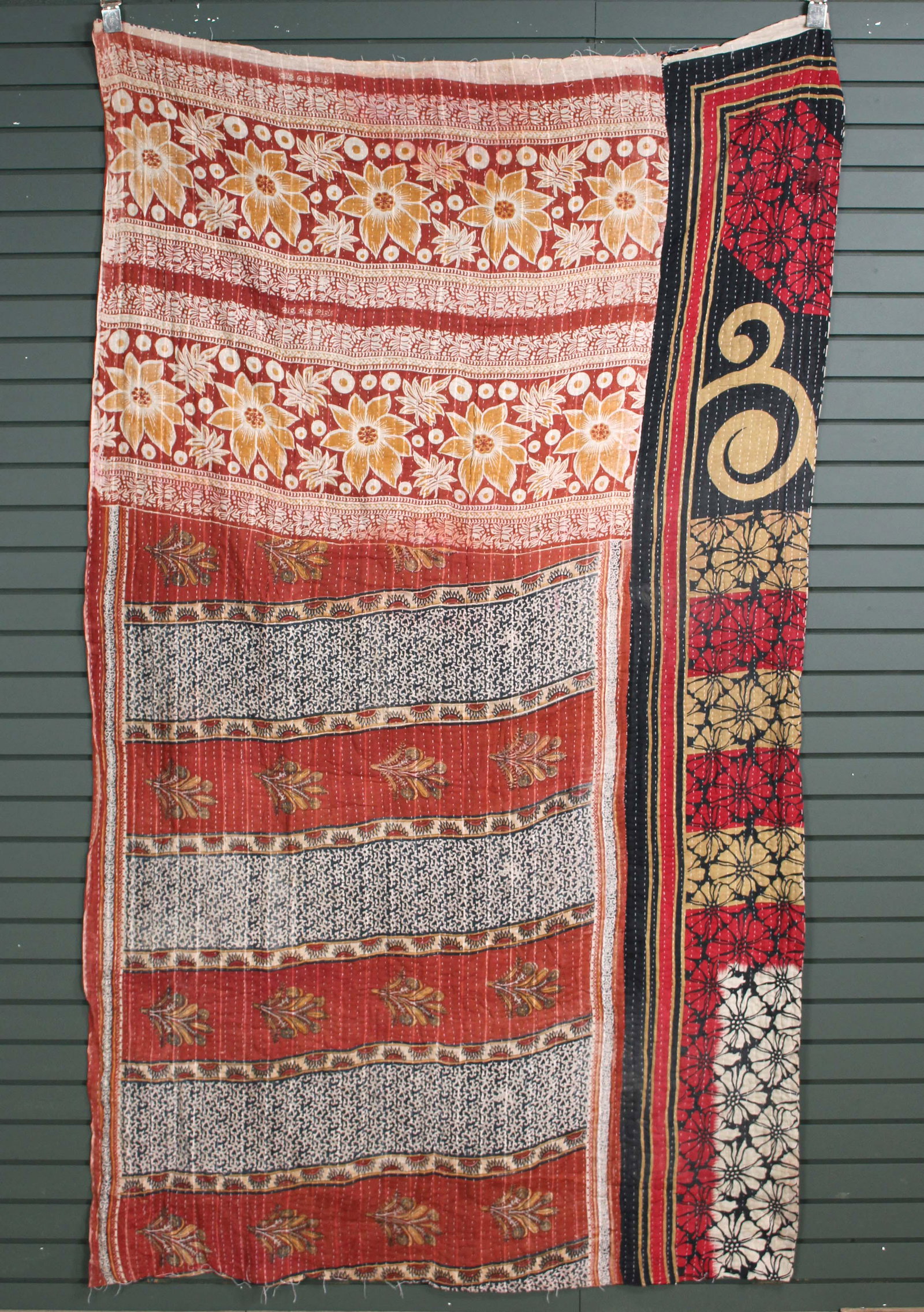 Rajasthani Kantha Quilt, Throw, Blanket Red/Black: Rajasthani Kantha Quilt Throw, Blanket, Wrap. Made from washed and recycled vintage sarees. Cotton. Size: 53"W x 93"H
