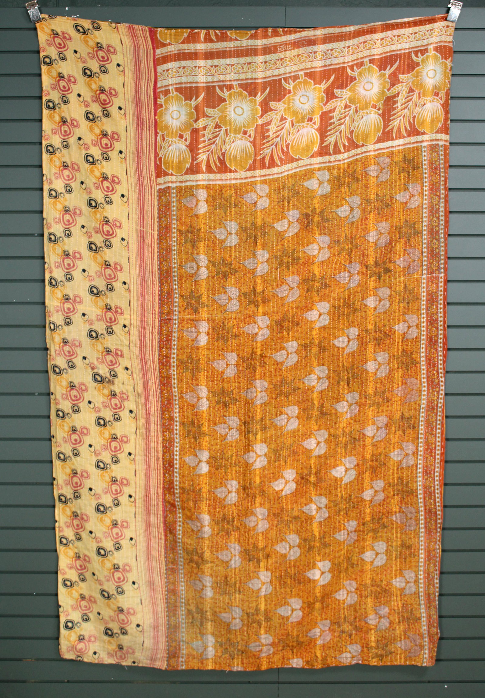 Rajasthani Kantha Quilt, Throw, Blanket Orange: Rajasthani Kantha Quilt Throw, Blanket, Wrap. Made from washed and recycled vintage sarees. Cotton. Size: 53"W x 86"H