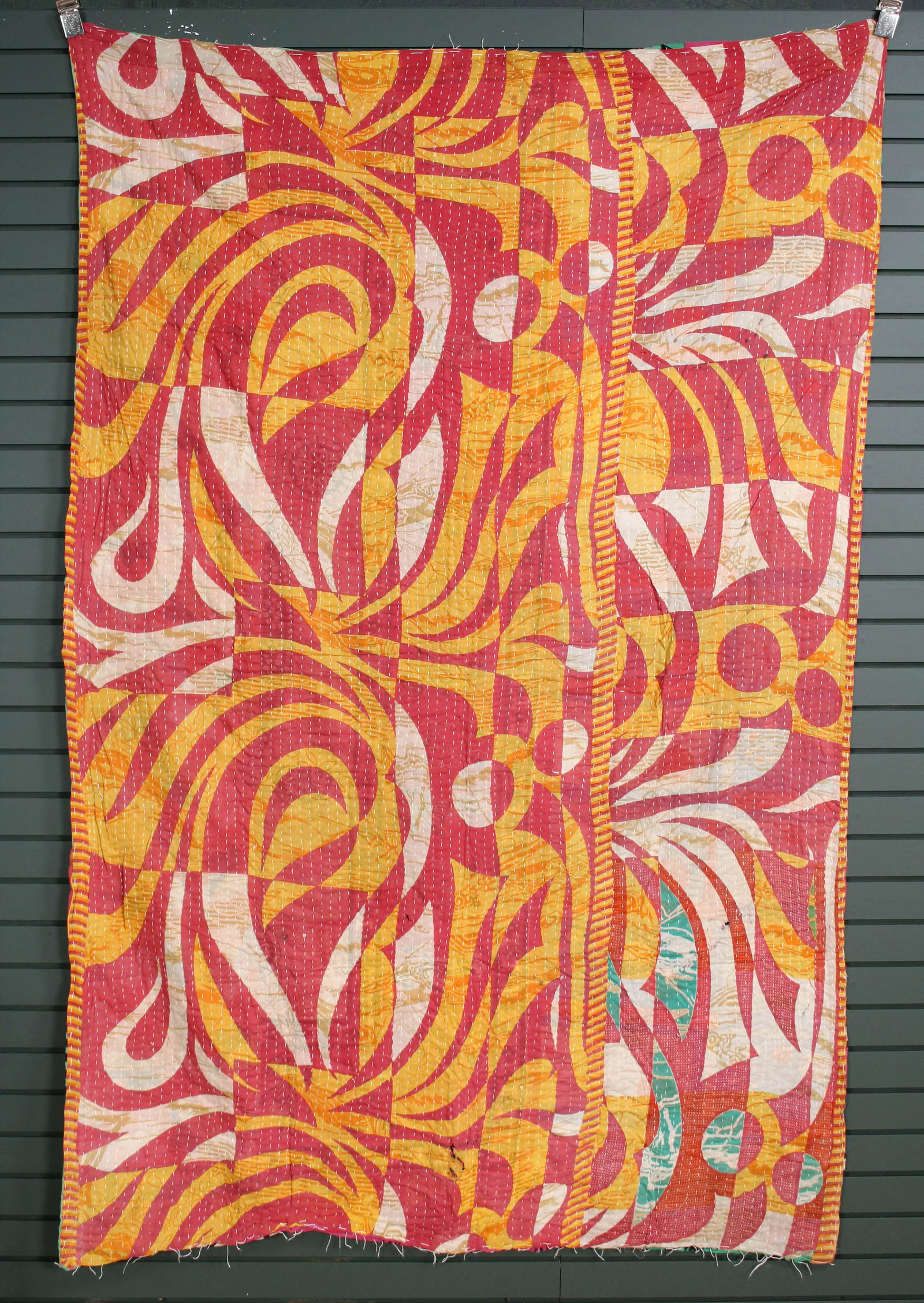 Rajasthani Kantha Quilt, Throw, Blanket Yellow/Red: Rajasthani Kantha Quilt Throw, Blanket, Wrap. Made from washed and recycled vintage sarees. Cotton. Size: 56"W x 86"H