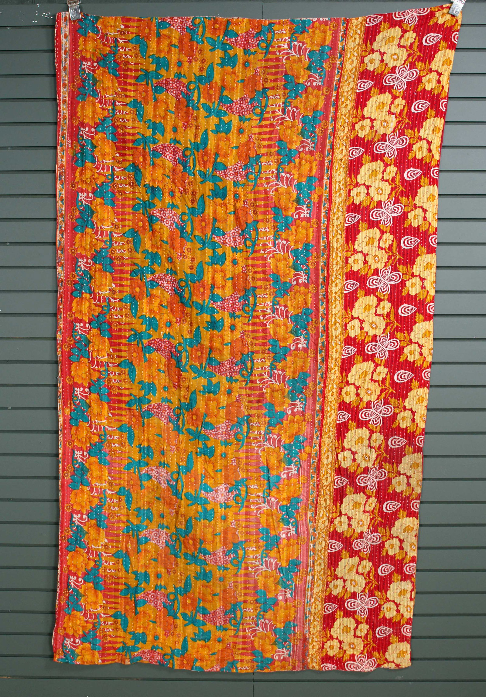 Rajasthani Kantha Quilt, Throw, Blanket Orange/Red: Rajasthani Kantha Quilt Throw, Blanket, Wrap. Made from washed and recycled vintage sarees. Cotton. Size: 50"W x 85"H