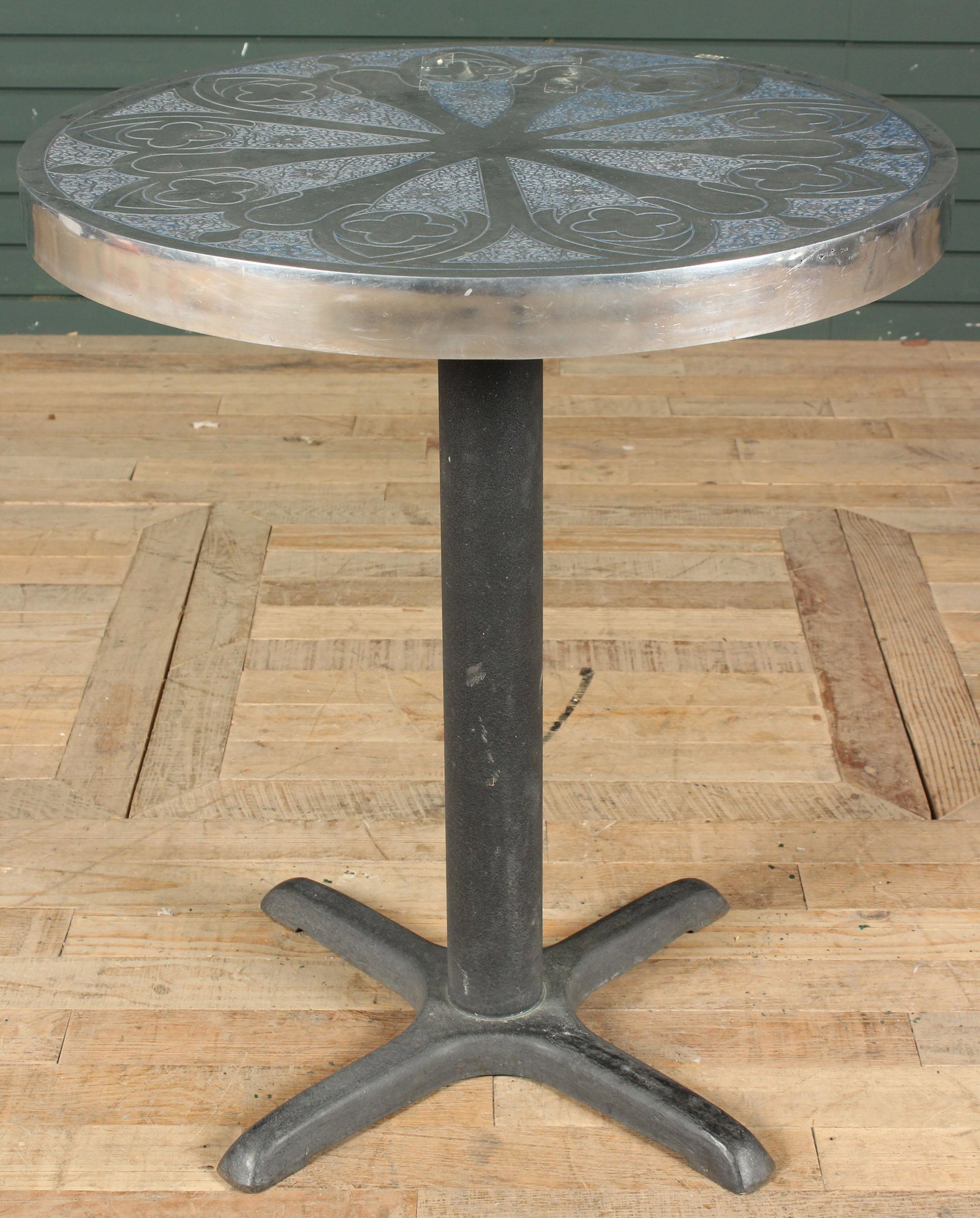 Gothic Tracery Motif Metal Top Bistro Table: Gothic Tracery Motif Metal Top Bistro Table. Size: 29.5" H x 25.5" W x 25.5" D