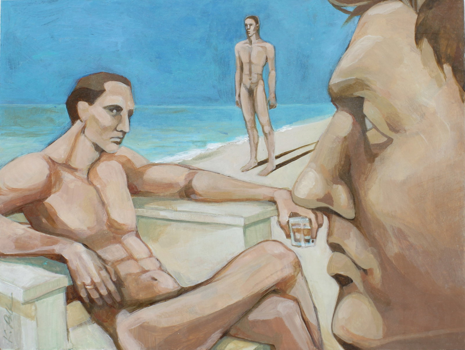 Pride Art, Beach Court, Signed Polk: Pride Art, Beach Court, Signed Polk. Male physique painting. OOB Size: 9"T x 12"W