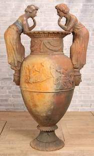Large Scale Neoclassical Cast Iron Garden Urn: Cast Iron Garden Urn, Neoclassical Motif. Size: 59.5"H x 36"L x 27"W