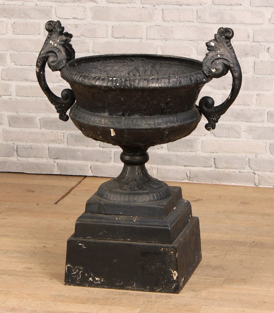 Twin Handled Cast Iron Garden Urn on Pedestal Base (1 of 6)
