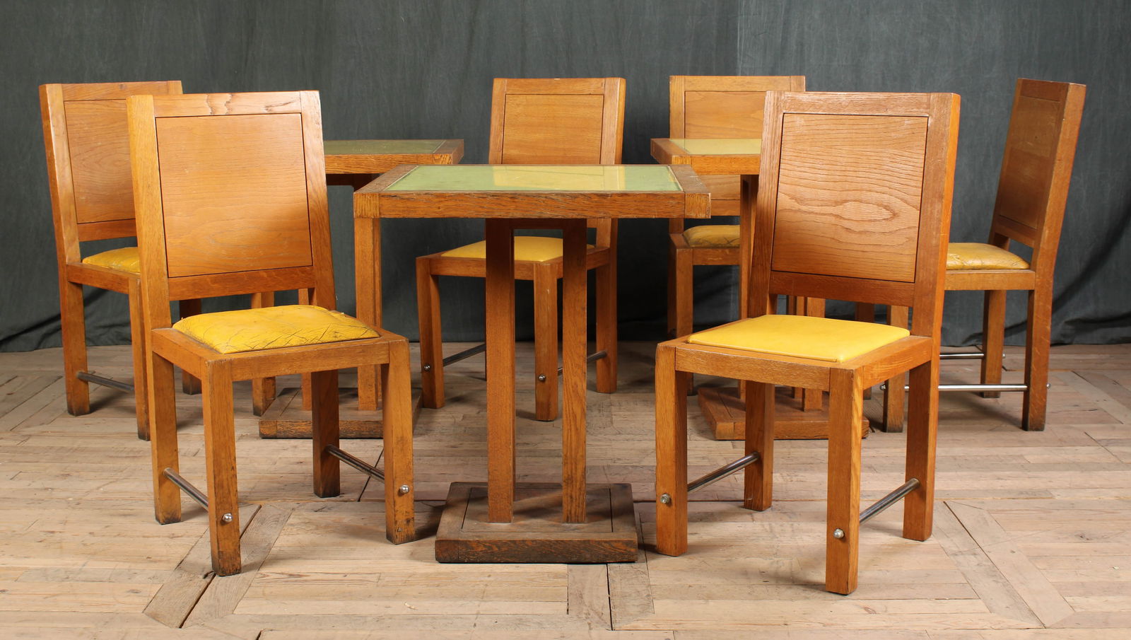 Morabito Suite: A good set of Jacqueline Morabito and Yves Bayard chairs and tables. Lot consisting of three glass top tables and six matching chairs in canary yellow. Size: tables 29.5" H x 25.5" square. Chairs 36"