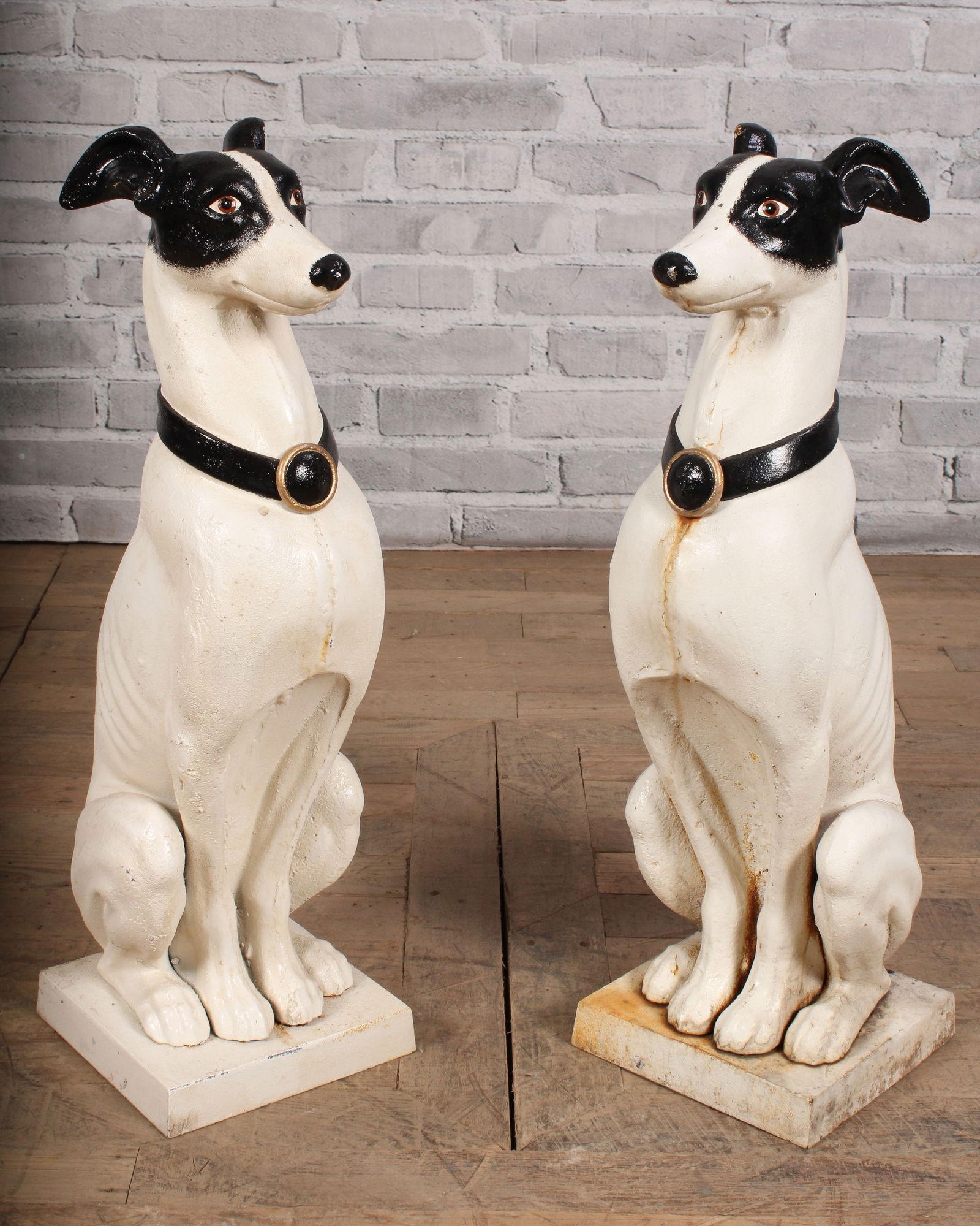Cast Iron Painted Dogs, Pair of Garden Statues: Cast iron statues of two very good boys with very handsome collars. Size: 26"T x 9"L x 10.5"D