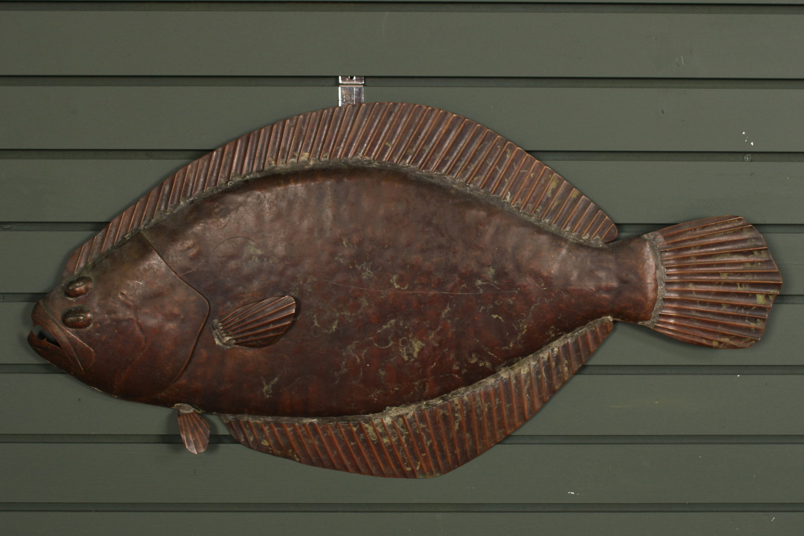 Vintage Studio Copper Flounder Form Plaque: Vintage Copper Flounder Form Plaque. Size: 16.5"T x 31.25"W x 1.5"D