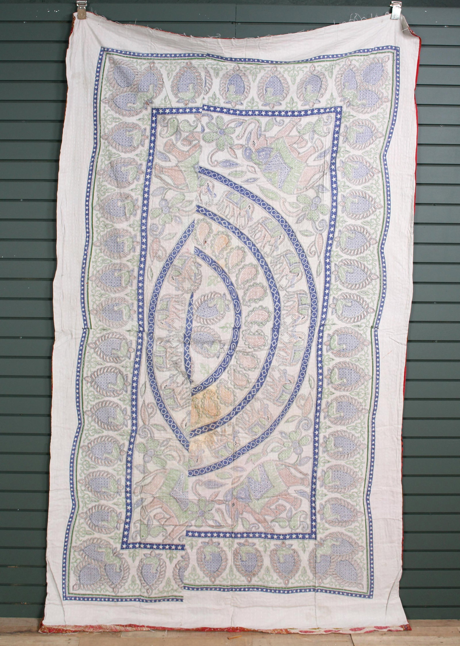 Rajasthani Kantha Quilt, Throw, Blanket White/Blue: Rajasthani Kantha Quilt Throw, Blanket, Wrap. Made from washed and recycled vintage sarees. Cotton. Size: 56"W x 98"H