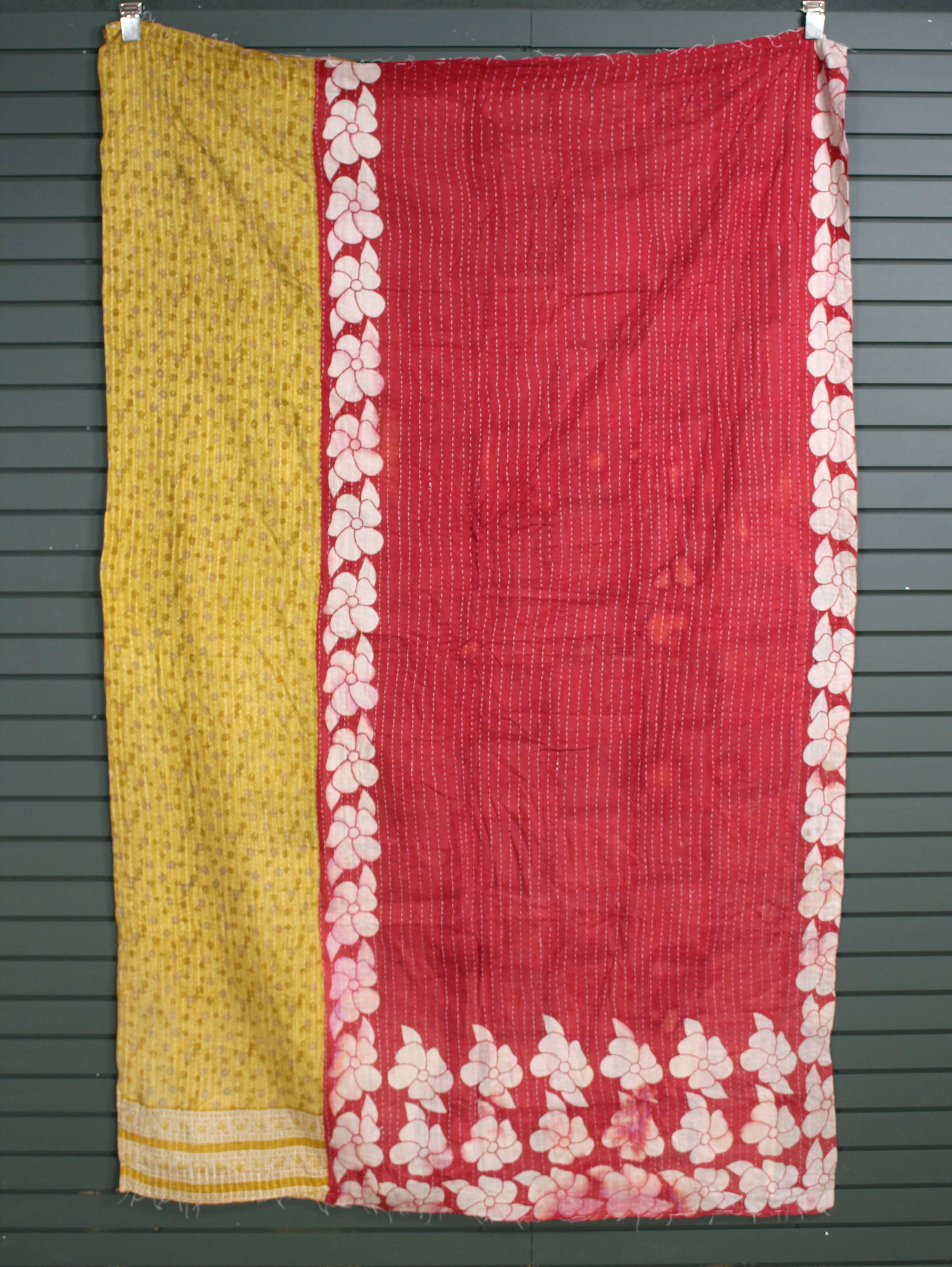 Rajasthani Kantha Quilt, Throw, Blanket Yellow/Red: Rajasthani Kantha Quilt Throw, Blanket, Wrap. Made from washed and recycled vintage sarees. Cotton. Size: 56"W x 88"H