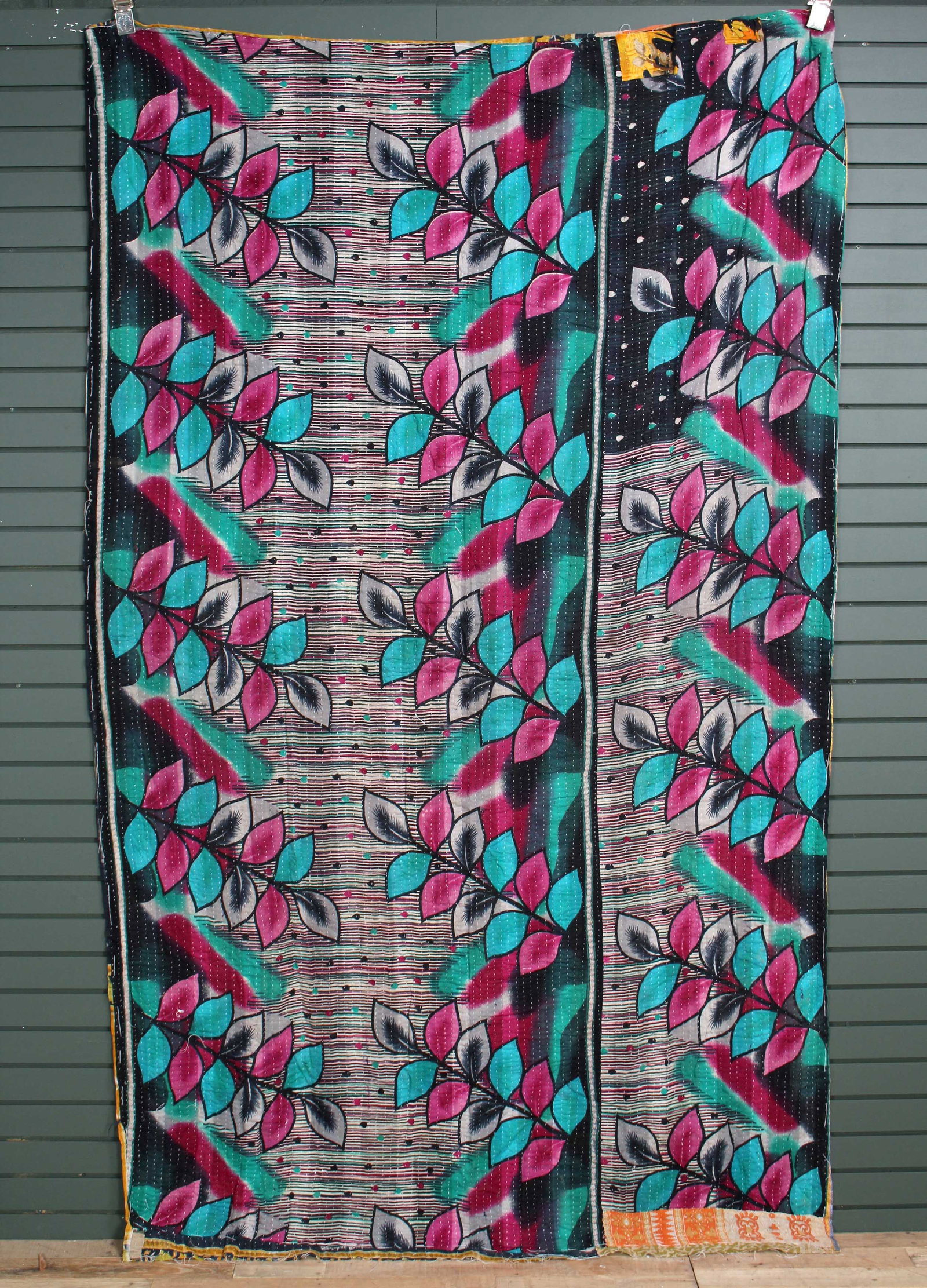 Rajasthani Kantha Quilt, Throw, Blanket Black/Pink: Rajasthani Kantha Quilt Throw, Blanket, Wrap. Made from washed and recycled vintage sarees. Cotton. Size: 58"W x 97"H