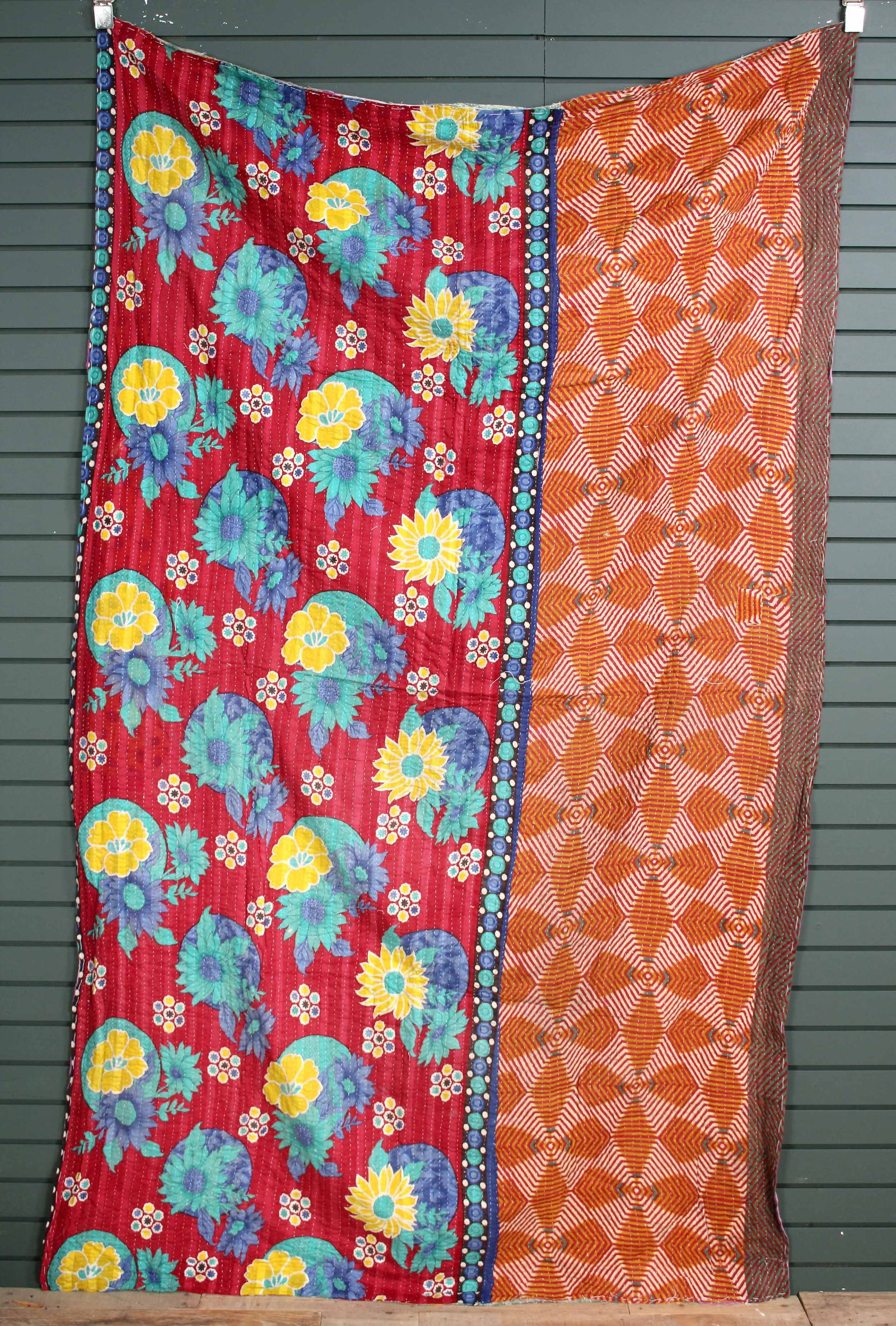 Rajasthani Kantha Quilt, Throw, Blanket Blue/Yello: Rajasthani Kantha Quilt Throw, Blanket, Wrap. Made from washed and recycled vintage sarees. Cotton. Size: 56"W x 94"H