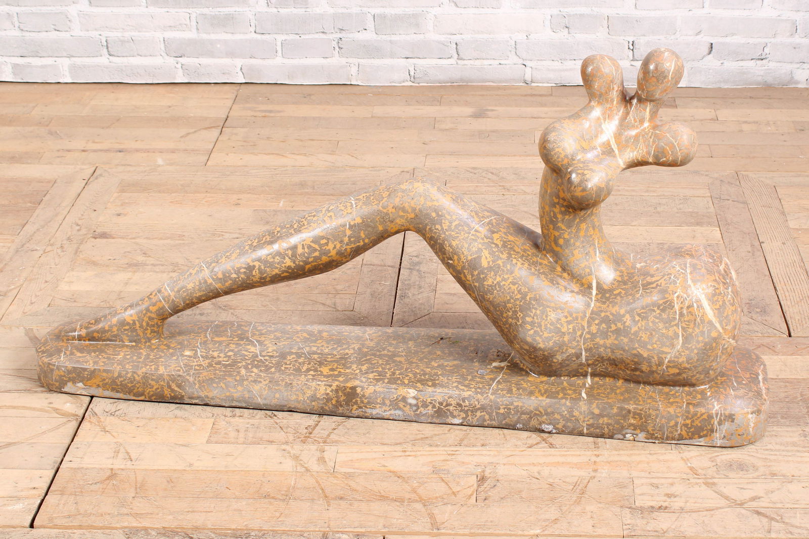 Abstract Modernist Carved Stone Figure: Modernist Abstract Carved Stone Female Figure. In the style of Henry Moore. Size: 26"T x 52"L x 10"W