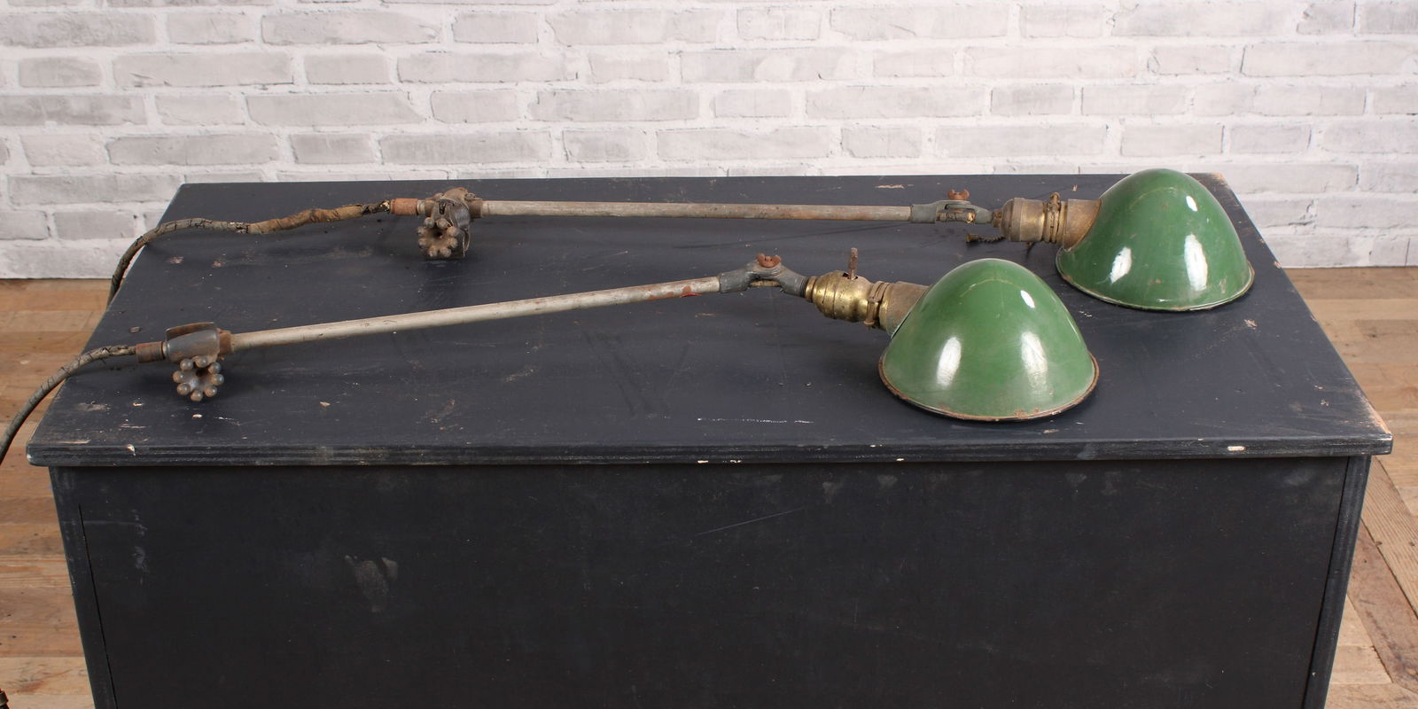 Pair of OC White Knuckle Joint Workstation Lamps: Pair of enamel shade work lamps, clamp to a table, jointed at base and top of neck. Untested. Size: 31"T x 7"W x 4"D