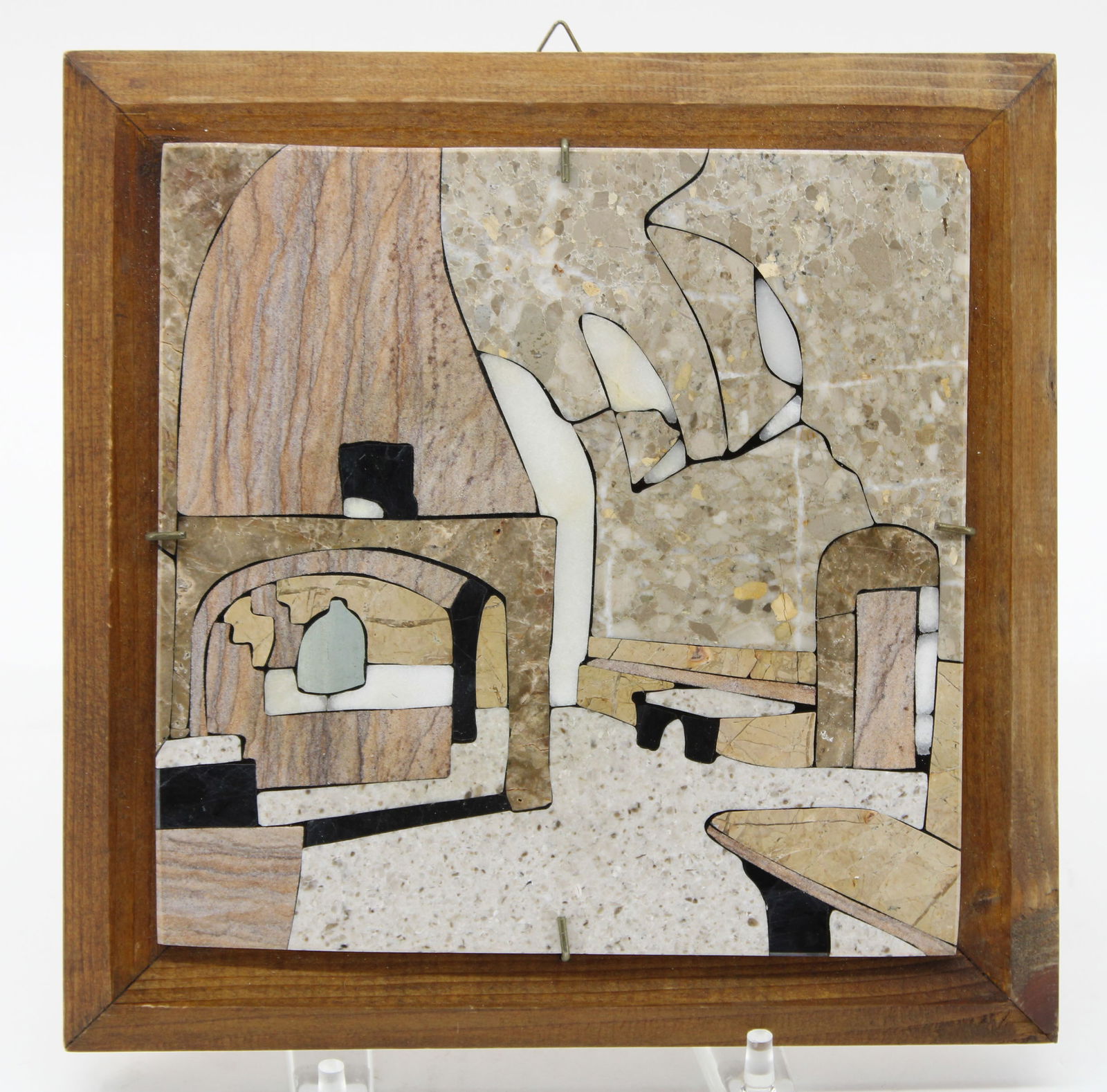 Vintage Petra Dura Mosaic Plaque, Adobe Interior: Vintage Petra Dura Mosaic Plaque, Adobe Interior. Frame: 10" x 10"