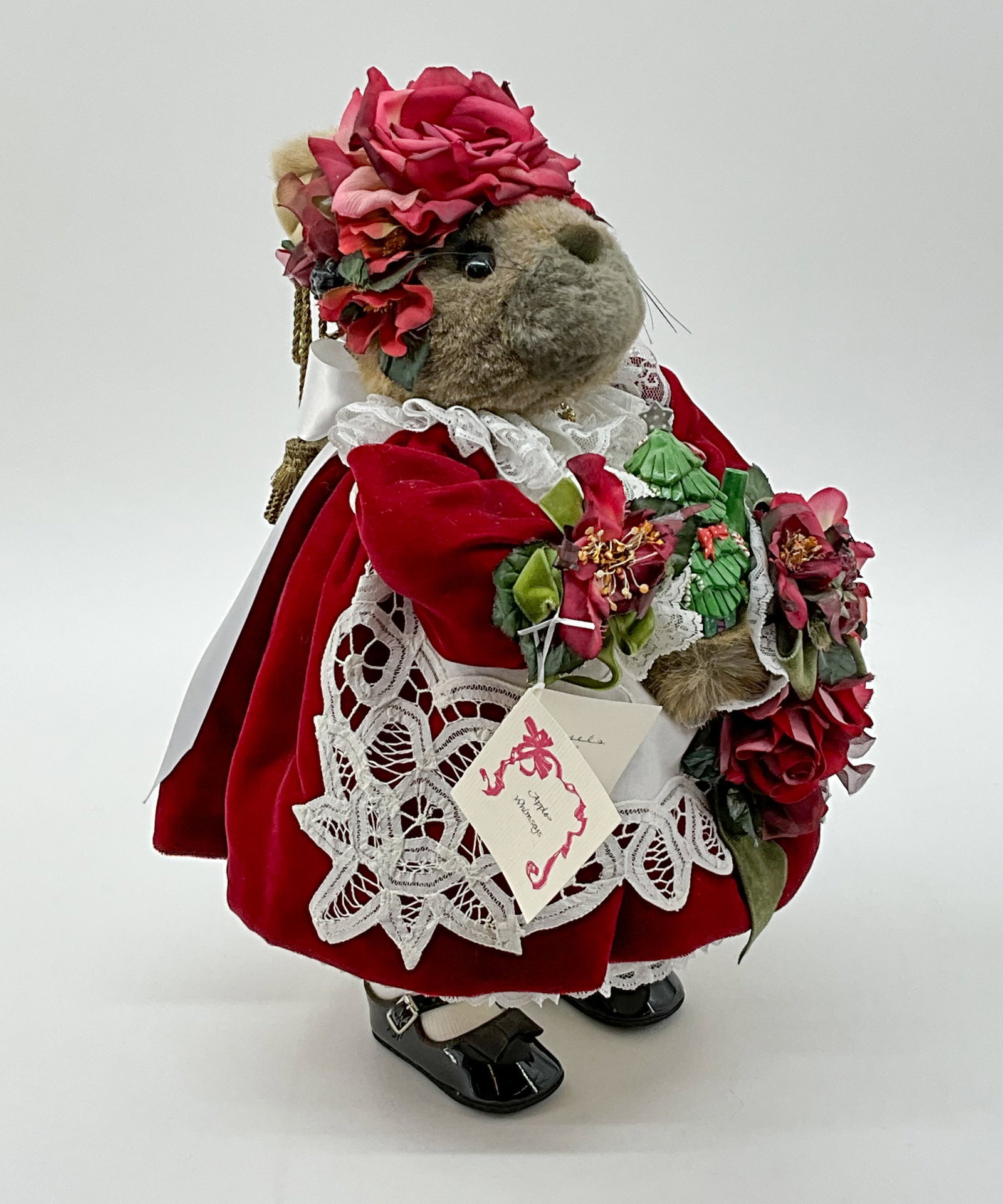 Woodland Holiday Bunny: Woodland holiday bunny with an eastern European flair. Plush but stands on her own. From a single owner collection, PA estate, stored in a glass cabinet. Size: H 18" x 12" Diameter Shipping Note: For 