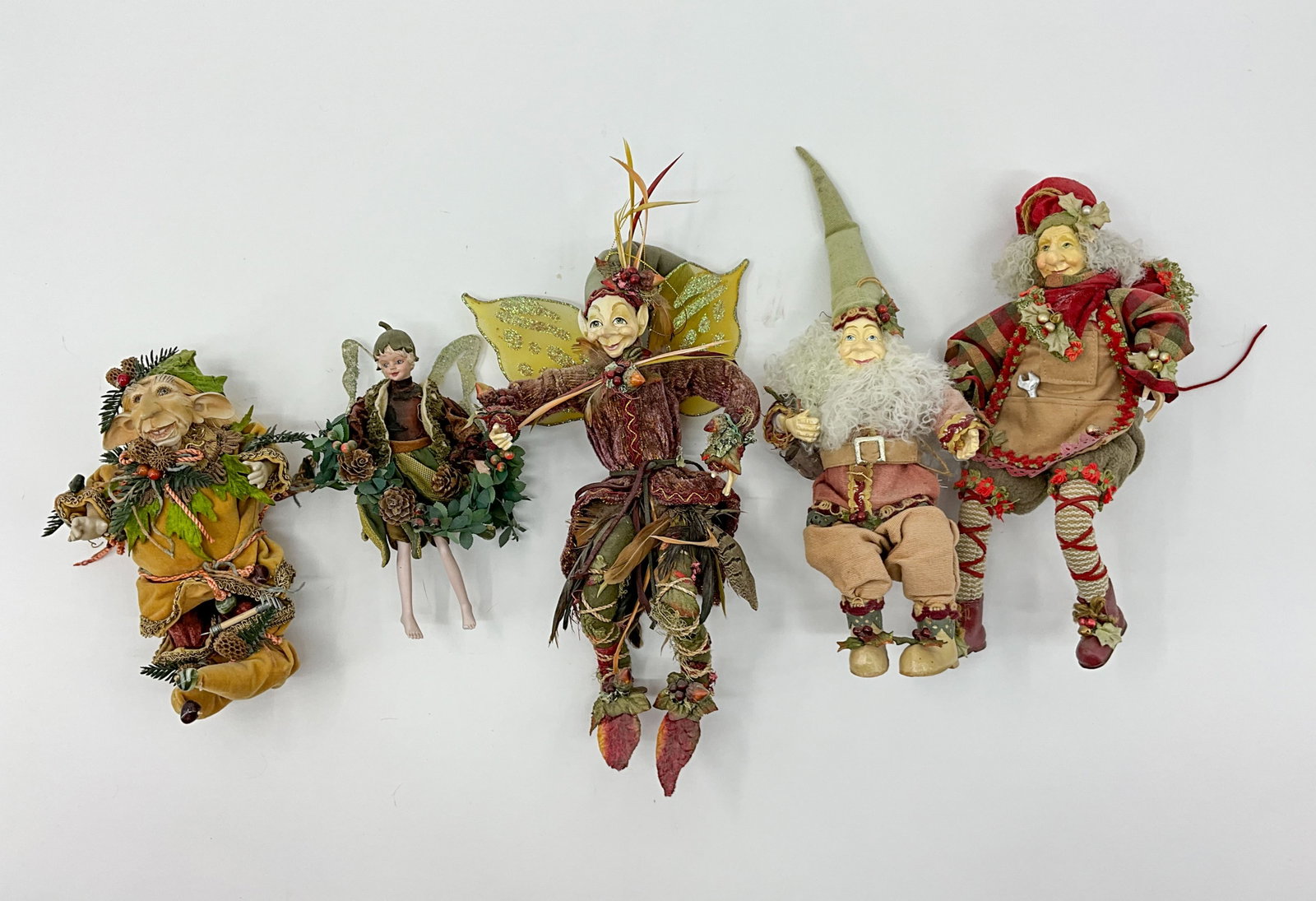 Five Christmas Elves, Fairies, Fae: Set of 5 fantasy style fairies, or elves, or maybe fae?? Super charming, very enchanting. Fabric and resin composite. From a single owner collection, PA estate, stored in a glass cabinet. Size: H 15" 