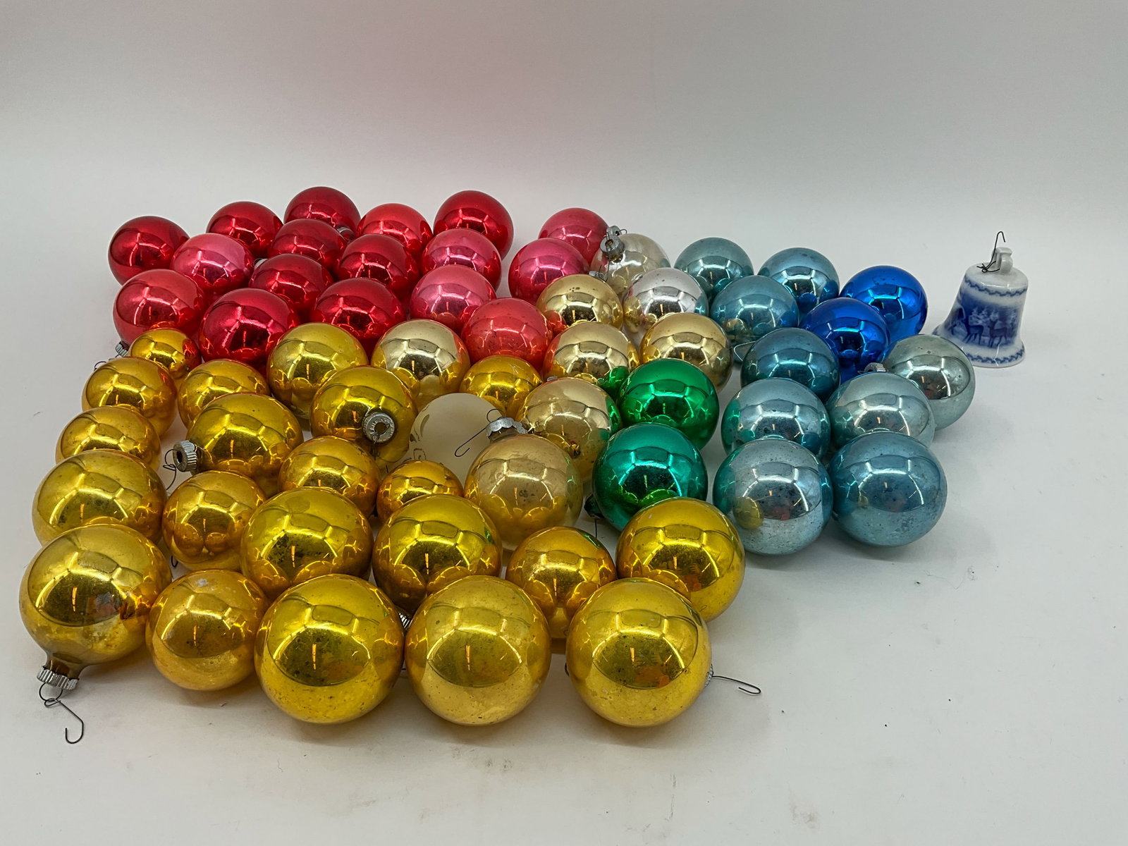 Mercury Glass Ball Ornaments: Collection of vintage glass ball ornaments, kugels, in a variety of colors. One bonus ceramic bell. From a single owner collection, PA estate, Box Stored. Ball Size: 2.75" Diameter Shipping Note: For