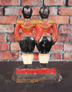 The Footmen, Anne Fish Cast Iron Doorstop: Large footman cast iron doorstop, designed by A. Fish, made by Hubley, model #248. Single piece, hollow form with flat back. Original paint. Provenance: Single owner collection, suburban 