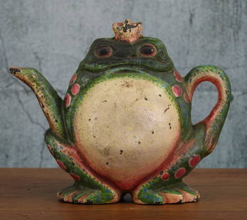 Frog Prince Teapot Doorstop, Cast Iron: Frog Prince Teapot Doorstop, Cast Iron. Height: 6" Provenance: Single owner collection, suburban Philadelphia estate. Shipping Note: For your convenience, we have arranged with Craig Vogin at