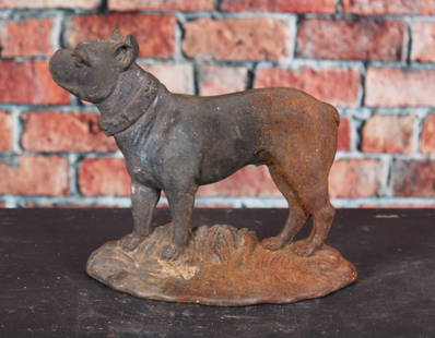 Bulldog Dog Doorstop, Bradley & Hubbard: Cast iron bulldog, called Boston Terrier in catalog, doorstop by Bradley & Hubbard, single piece, hollow form, flat back, design # 7923-N. One of the 8 designs featured in Bradley & Hubbard's