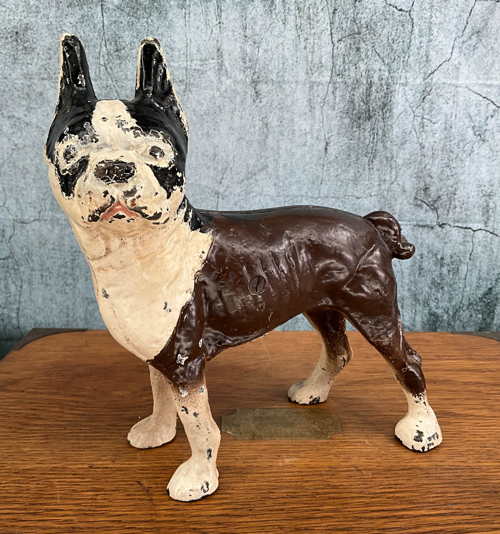Boston Terrier, Full Body Cast Iron Doorstop: Boston Terrier, Full Body Cast Iron Doorstop. perhaps National or Hubley. Height: 9.5" Provenance: Single owner collection, suburban Philadelphia estate. Shipping Note: For your convenience, we have a