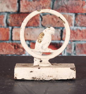 Small Parrot Cast Iron Doorstop: Parrot in small ring, by Bradley & Hubbard, design # 7814, 2 piece construction, bolted, has front and back design, over painted. Provenance: Single owner collection, suburban Philadelphia 