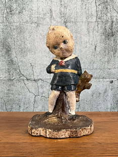 Kewpie Boy with Teddy Bear Cast Iron Doorstop: Boy holding teddy bear, full body figure, cast with seem, original paint, Albany Foundry #132, 1920's. Provenance: Single owner collection, suburban Philadelphia estate. Size: 5.5"T Shipping Note: For